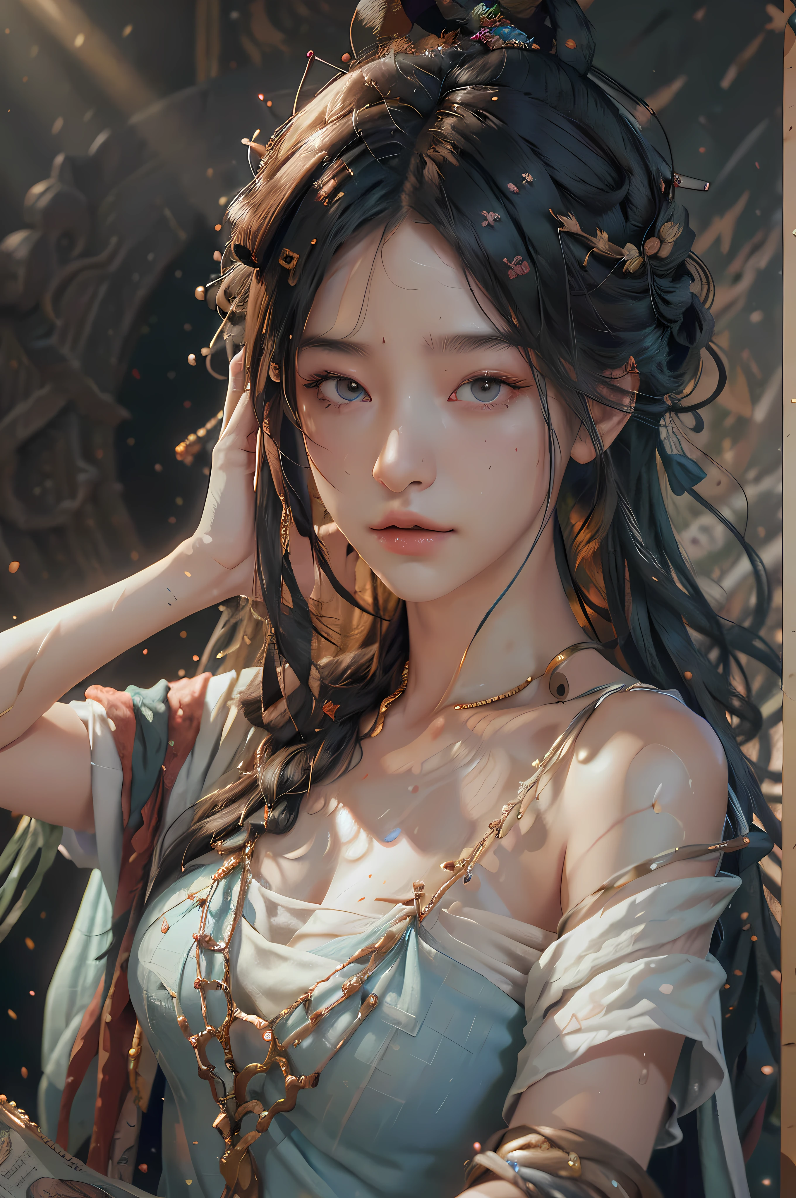 (RAW photo, best quality), (realistic, photo-realistic:1.3),best quality,highly detailed,masterpiece,ultra-detailed,illustration,1girl,upper_body,dynamic angle,world masterpiece theater,messy_long_hair,best quality,extremely detailed CG unity 8k wallpaper,ink,Amazing,cinematic lighting,lens_flare, dunhuang_style