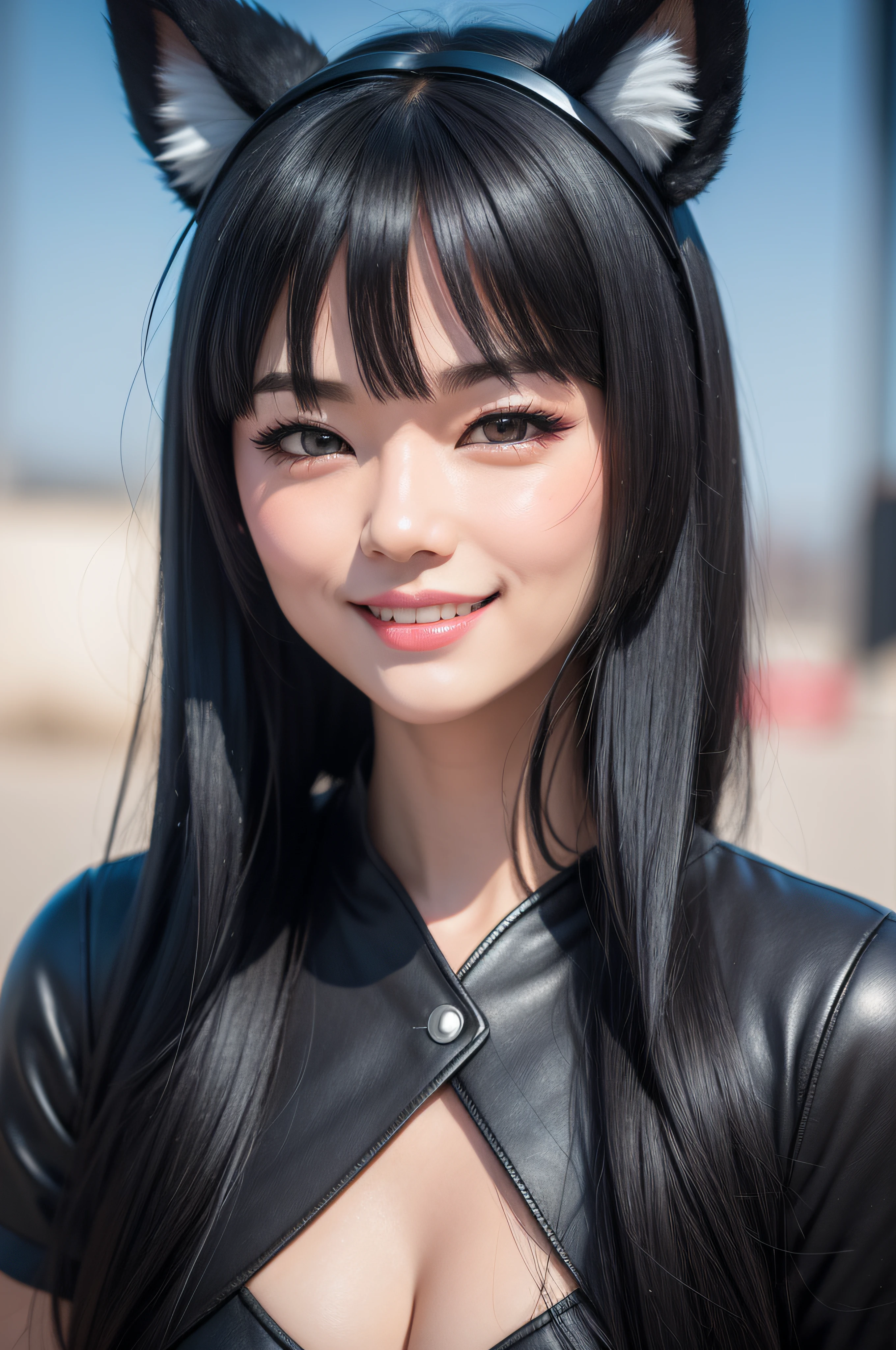 black hair, hair bobbles, wince, longeyelashes, solid circle eyes, fake animal ears, light smile, ear blush, fang, Surrealism, drop shadow, anaglyph, stereogram, tachi-e, pov, atmospheric perspective, 8k, super detail, ccurate, best quality