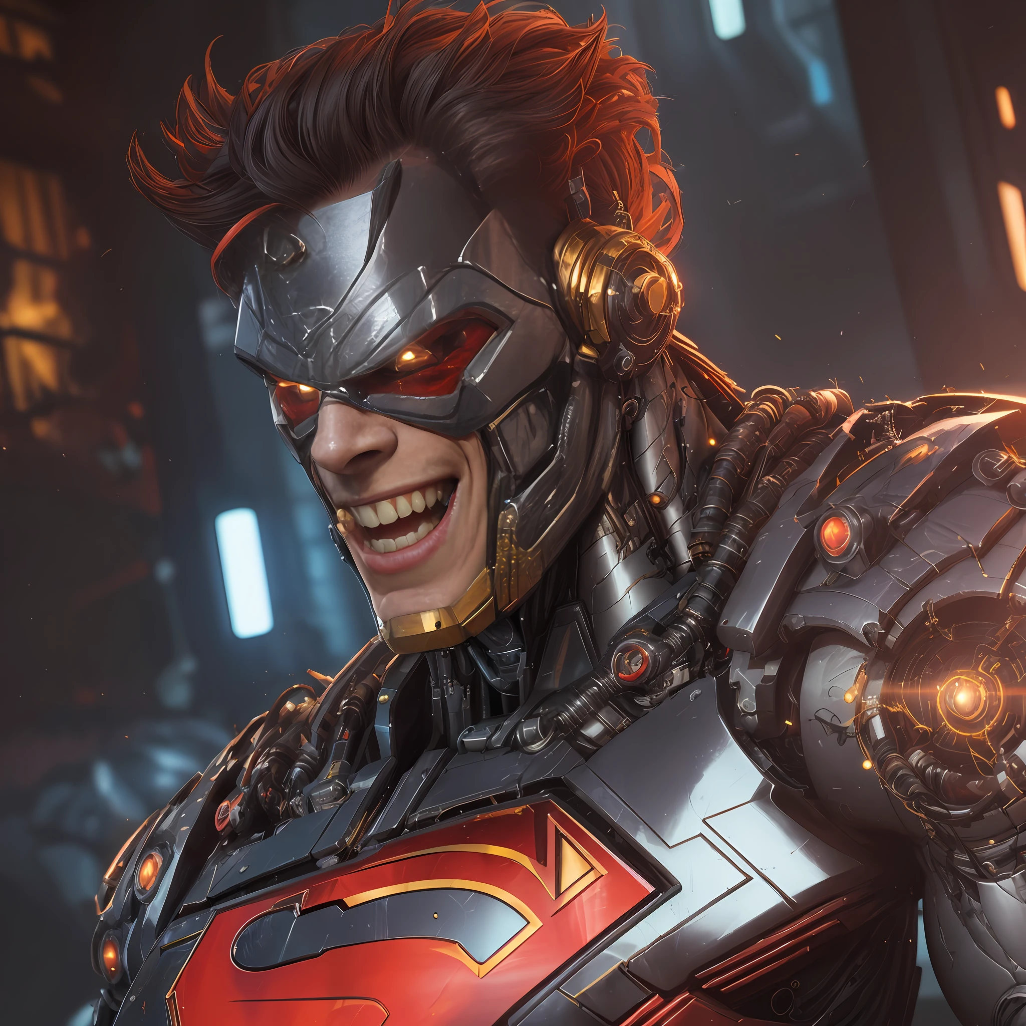 action-packed. smiling angry malicious surrealist. nightmarish cyber sci-fi bio-mechanical version of Cyborg superman from dc comics, 8k. UHD, amazing depth, glowing, golden ratio, 3D octane cycle unreal engine 5, volumetric lighting, cinematic lighting, cgstation artstation concept art