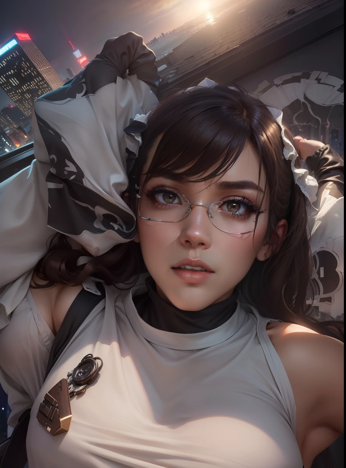 ((Midnight, Best quality, 8k, Masterpiece :1.3)), Whole body, Long legs, Sharp focus :1.2, A pretty woman with perfect figure :1.4, Slender abs :1.1, ((Dark brown hair, Big breasts :1.2)), (White tight tshirt, Jean bib, Standing:1.2), ((Night city view, Rooftop:1.3)), Highly detailed face and skin texture, Detailed eyes, Double eyelid