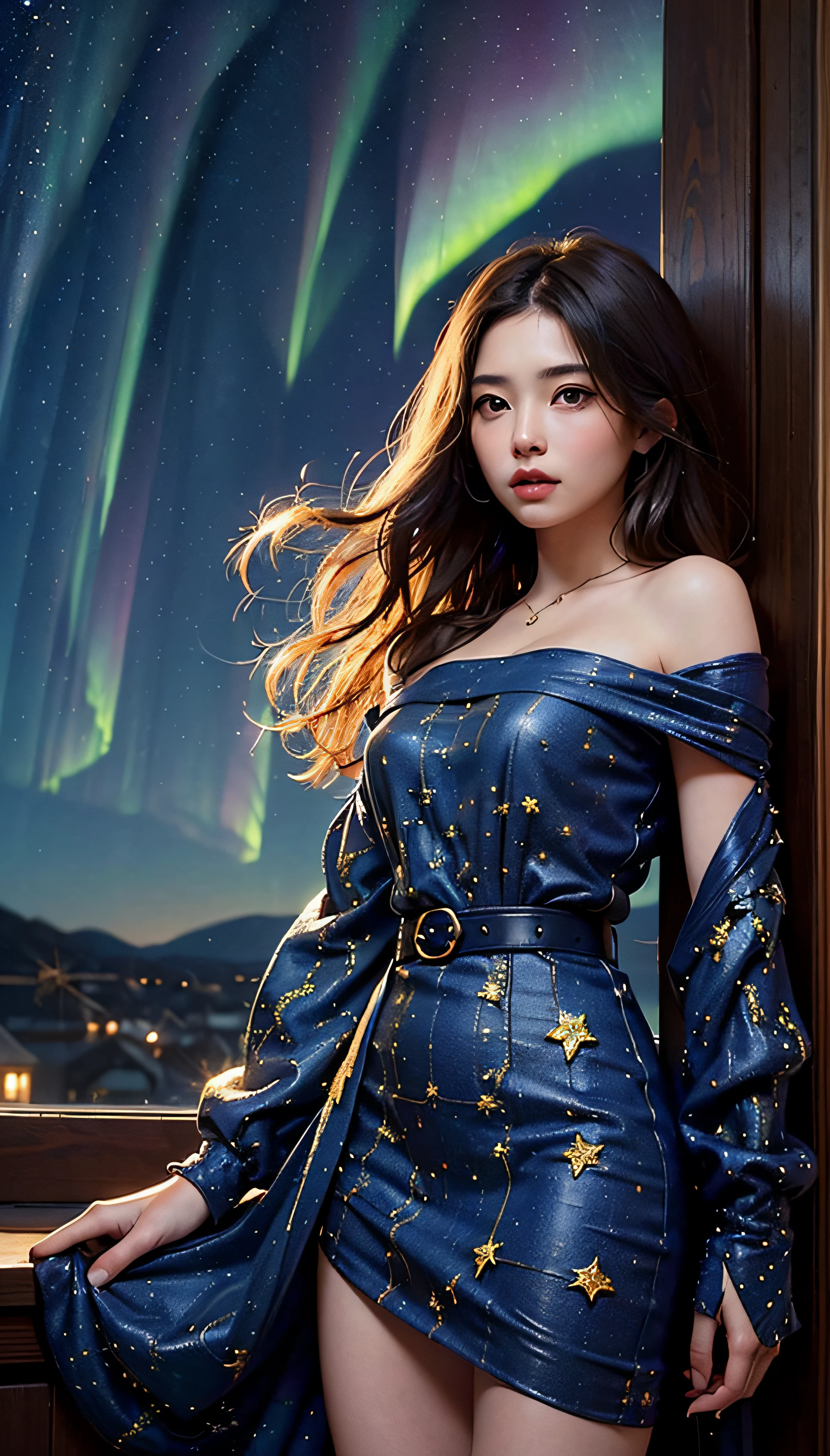 (1girl in:1.3)、独奏、__body-parts__、Official art、unity 8k wall paper、ultra-detailliert、Beautifully Aesthetic、Beautiful fece、masterpiece、top-quality、Fantastic atmosphere、Calm palette、Calm mood、Soft shading、(Starry night sky:1.5), (Aurora), Looking at the camera, Idol, super model