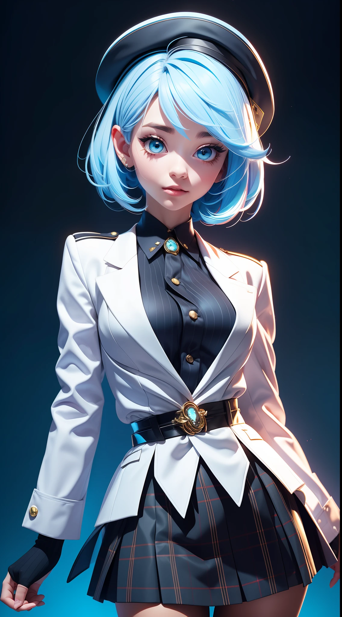 best qualityer， tmasterpiece， 1girll， 独奏， White gradient striped hair， short detailed hair， whaite hair， lilie （event）， black beret， Plaid skirts， choker necklace， Cyan sweater jacket， collared shir， Black plaid tie， The sleeve is draped over the finger， bluntbangs，Dark lights
