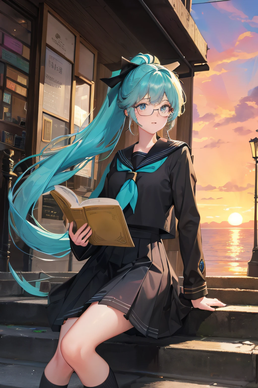 1girl, with light glowing, Wallpapers, Double ponytail in gold, Extra-long hair, outside,Hillside stairs, Literary girl, eye glass, Turquoise eyes, Black sailor uniform school uniform, Black knee-length socks, Sunset town background, book, Beautiful