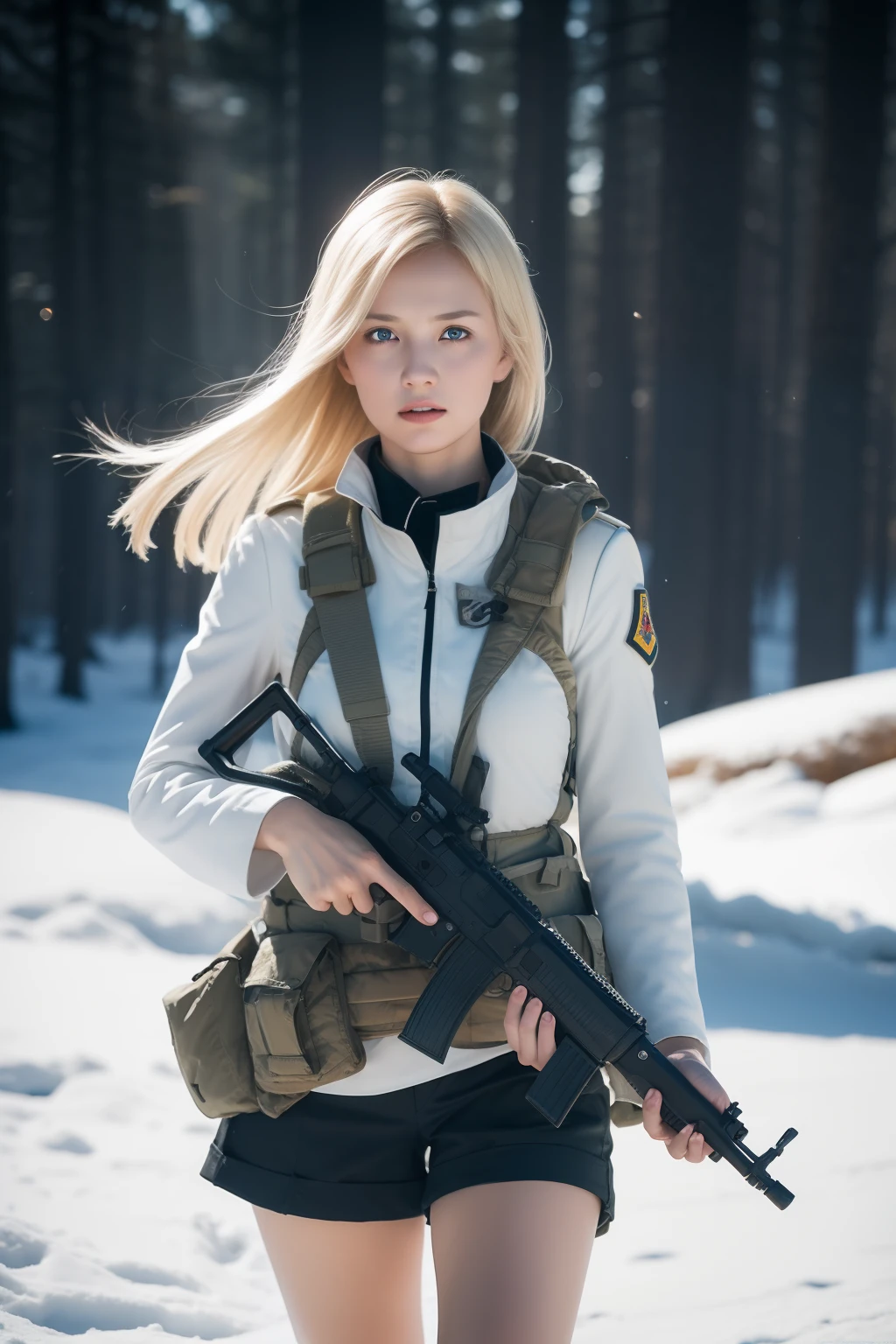 8k.,((masterpiece: 1.2, best quality)),movie,official art,promotional art,movie wallpaper, (A blonde German girl in White combat uniform), （Height 177）(White clothes and shorts), exposing thighs, in a low angle shot holding a gun in the snow, engaged in a winter battle. Captured in a cinematic style, the scene includes multiple female soldiers armed with rifles on the frontline. The image is taken in an otherworldly fantasy realm. The color temperature is cool with a slight blue tint, conveying a sense of coldness and tension. The lighting is dramatic with harsh shadows and highlights, highlighting the woman's fierce expression. Shot with a Sony A7R IV camera using an aperture of f/2.8, ISO 1600, and a shutter speed of 1/200 sec. UHD dtm HDR 8k.
