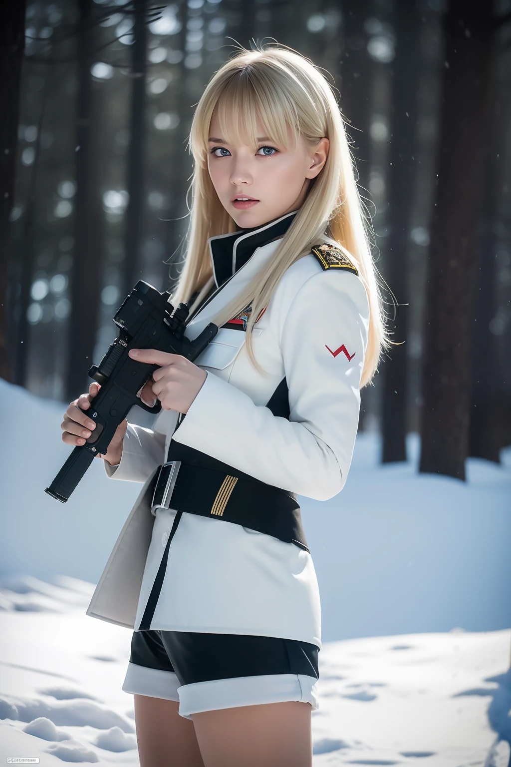 8k.,((masterpiece: 1.2, best quality)),movie,official art,promotional art,movie wallpaper, (A blonde German girl in White combat uniform), (Height 177)(White clothes and shorts), exposing thighs, in a low angle shot holding a gun in the snow, engaged in a winter battle. Captured in a cinematic style, the scene includes multiple female soldiers armed with rifles on the frontline. The image is taken in an otherworldly fantasy realm. The color temperature is cool with a slight blue tint, conveying a sense of coldness and tension. The lighting is dramatic with harsh shadows and highlights, highlighting the woman's fierce expression. Shot with a Sony A7R IV camera using an aperture of f/2.8, ISO 1600, and a shutter speed of 1/200 sec. UHD dtm HDR 8k.
