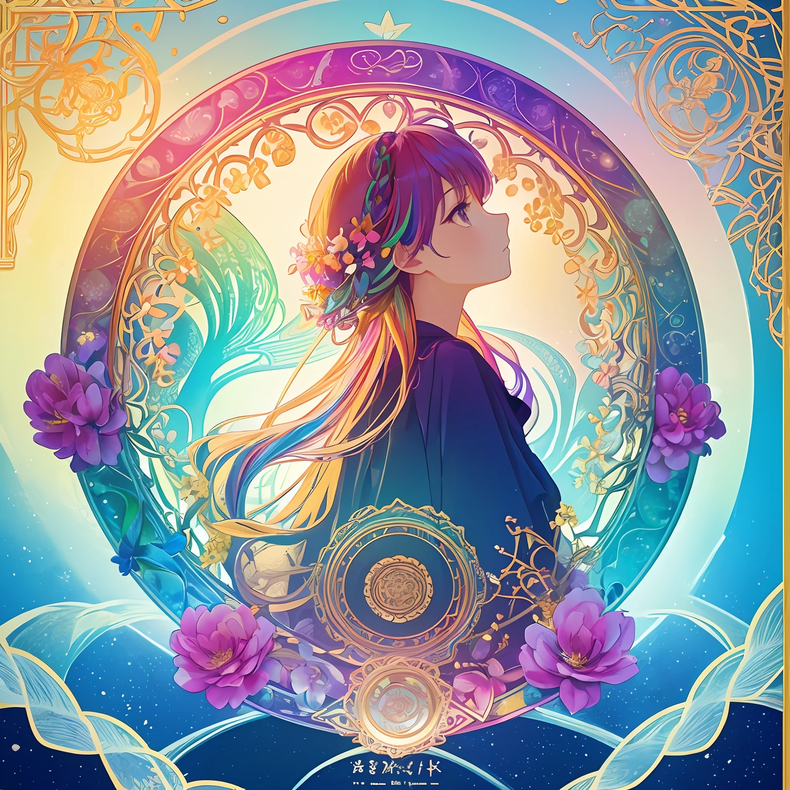 Beauty 1 person、(​masterpiece、top-quality、top-quality、Beautifully Aesthetic:1.2)、(1girl in:1.3)、(Fractal Art:1.3)、Round picture frame、rainbow-colored hair、Detail Frame、Dynamic、flowers in background、grassy、Small frame、Geometric pattern、Profile at milestones