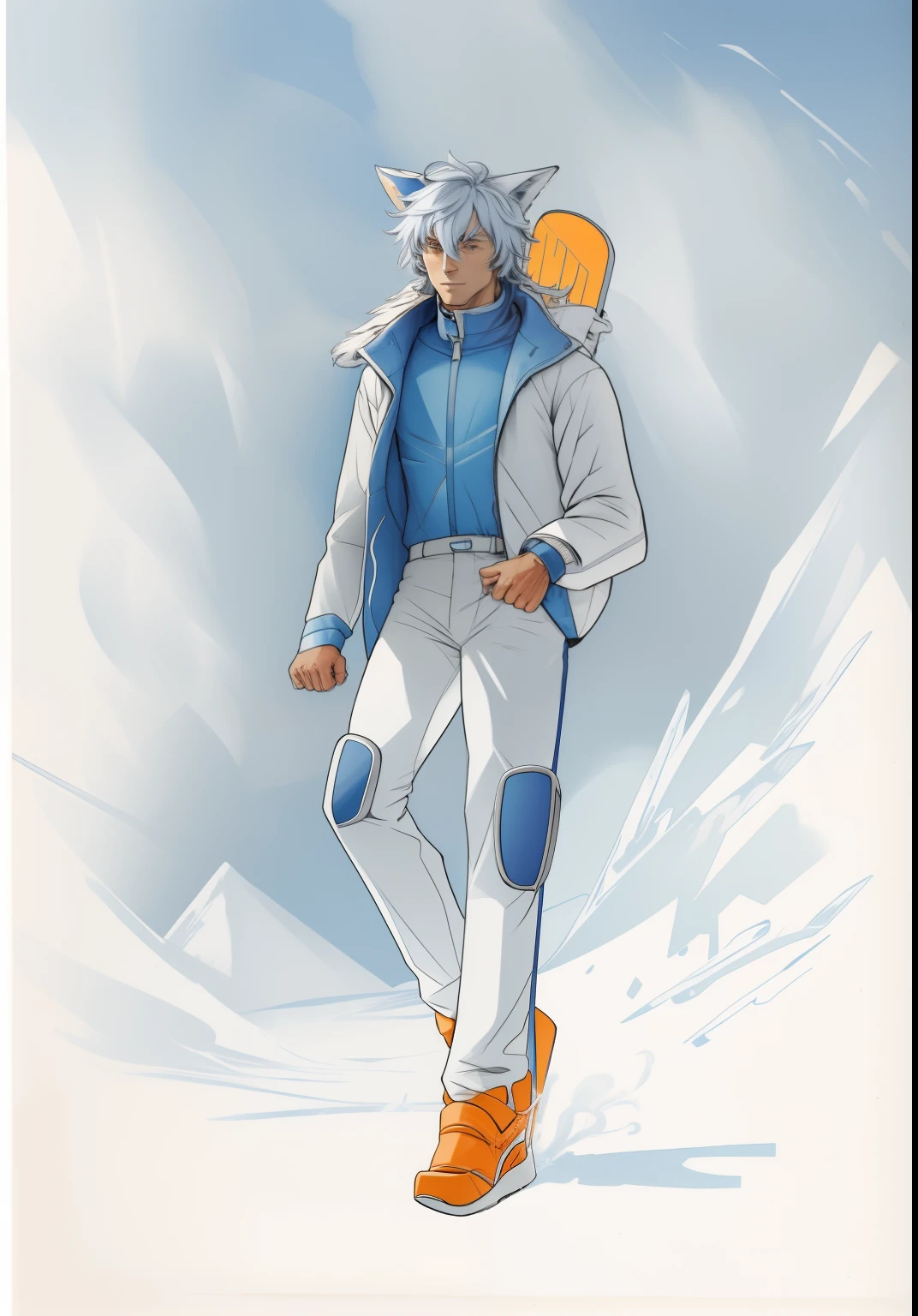 cool guy，Silvery hair，Blue ski suit，Blue ski pants，Carrying orange skis，Wolf ears，The facial features are delicate and handsome