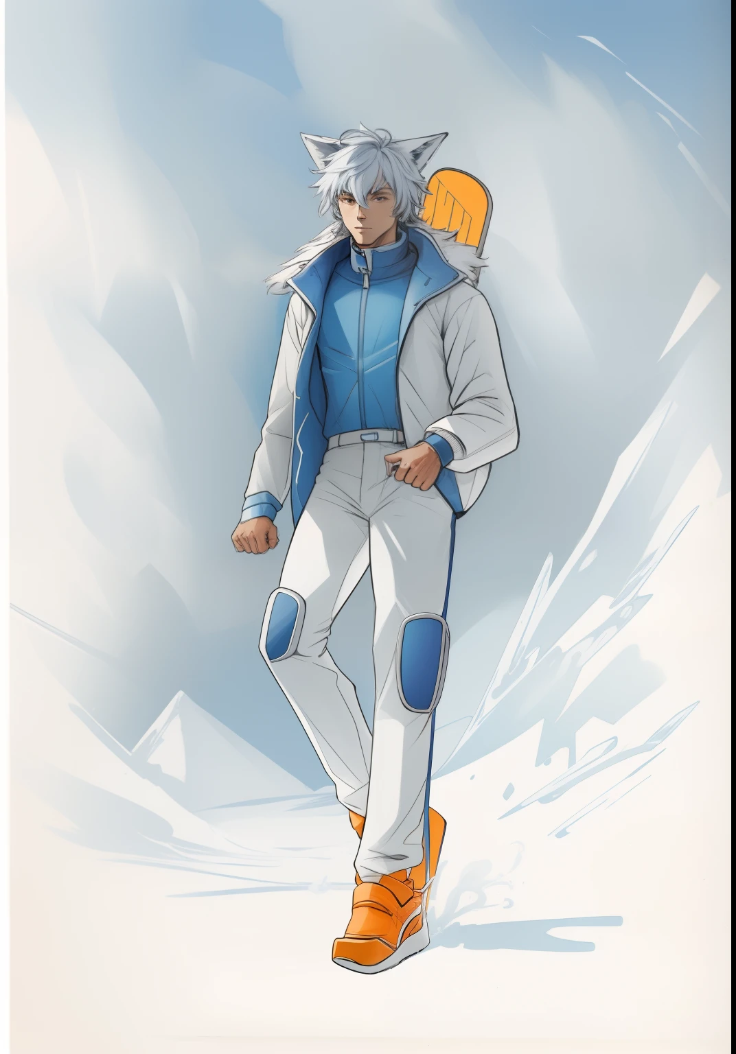 cool guy,Silvery hair,Blue ski suit,Blue ski pants,Carrying orange skis,Wolf ears,The facial features are delicate and handsome