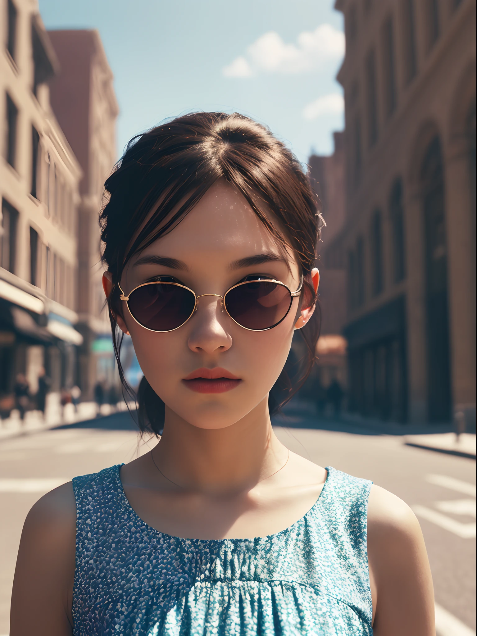 (cinematic angle: 1.2), streetview,(1 girl, sunglasses, summer dress),(best quality, detailed details, masterpiece, official art, movie lighting effects, 8K)