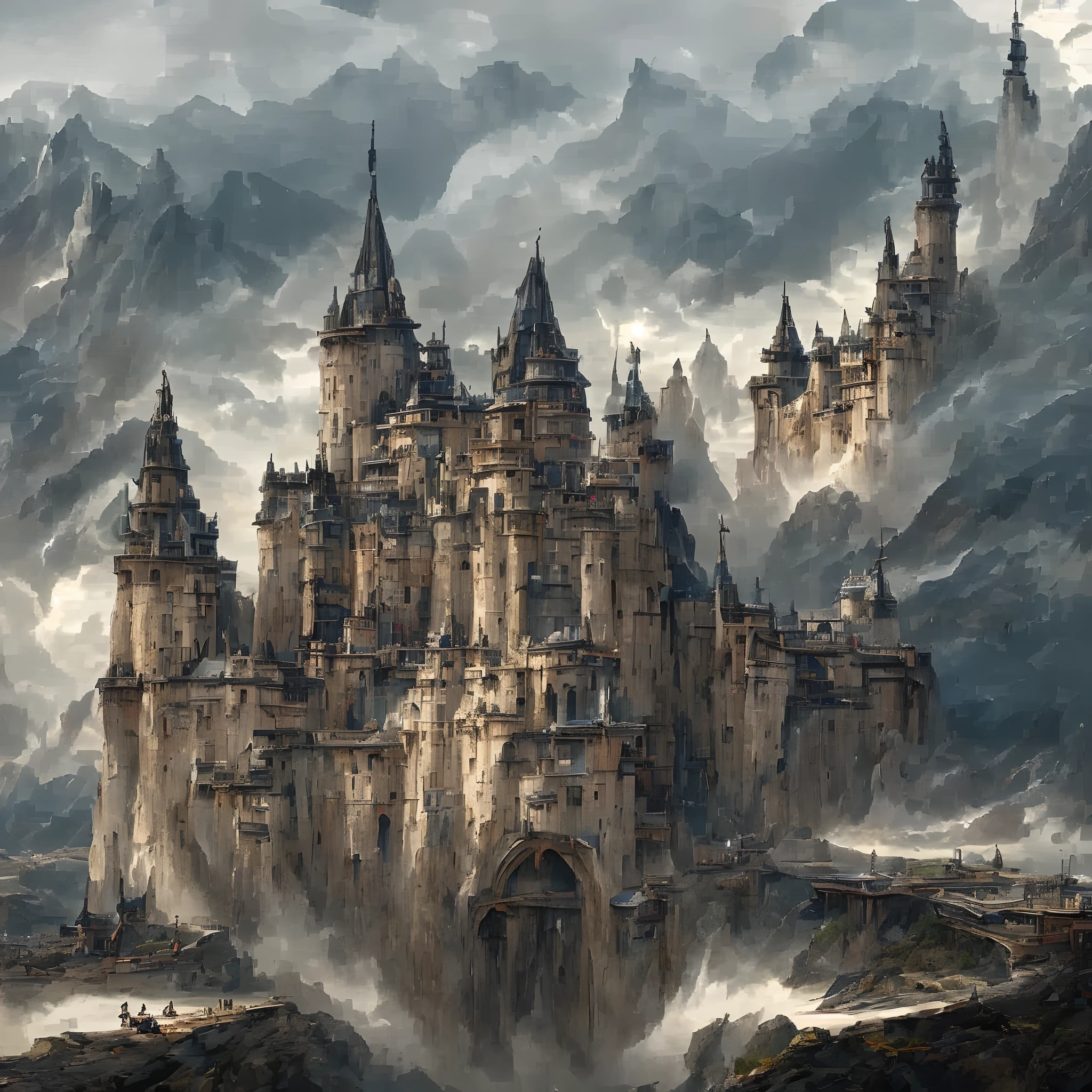 medieval castle, epic, majestic, huge, intimidating, elaborate, masterpiece, gloomy, cloudy