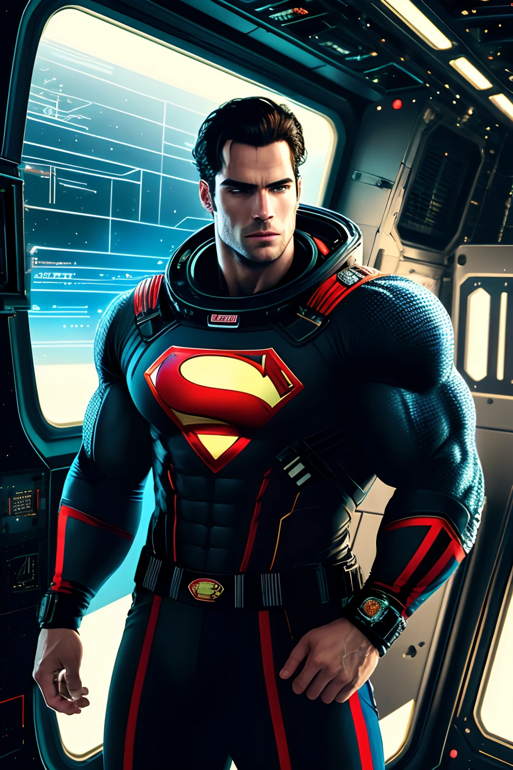 Henry Cavill, muscular, ciberpunk (masterpiece:1.2), at space, space station, (best quality), (ultra detailed), (8k, 4k, intricate),(highly detailed:1.2),