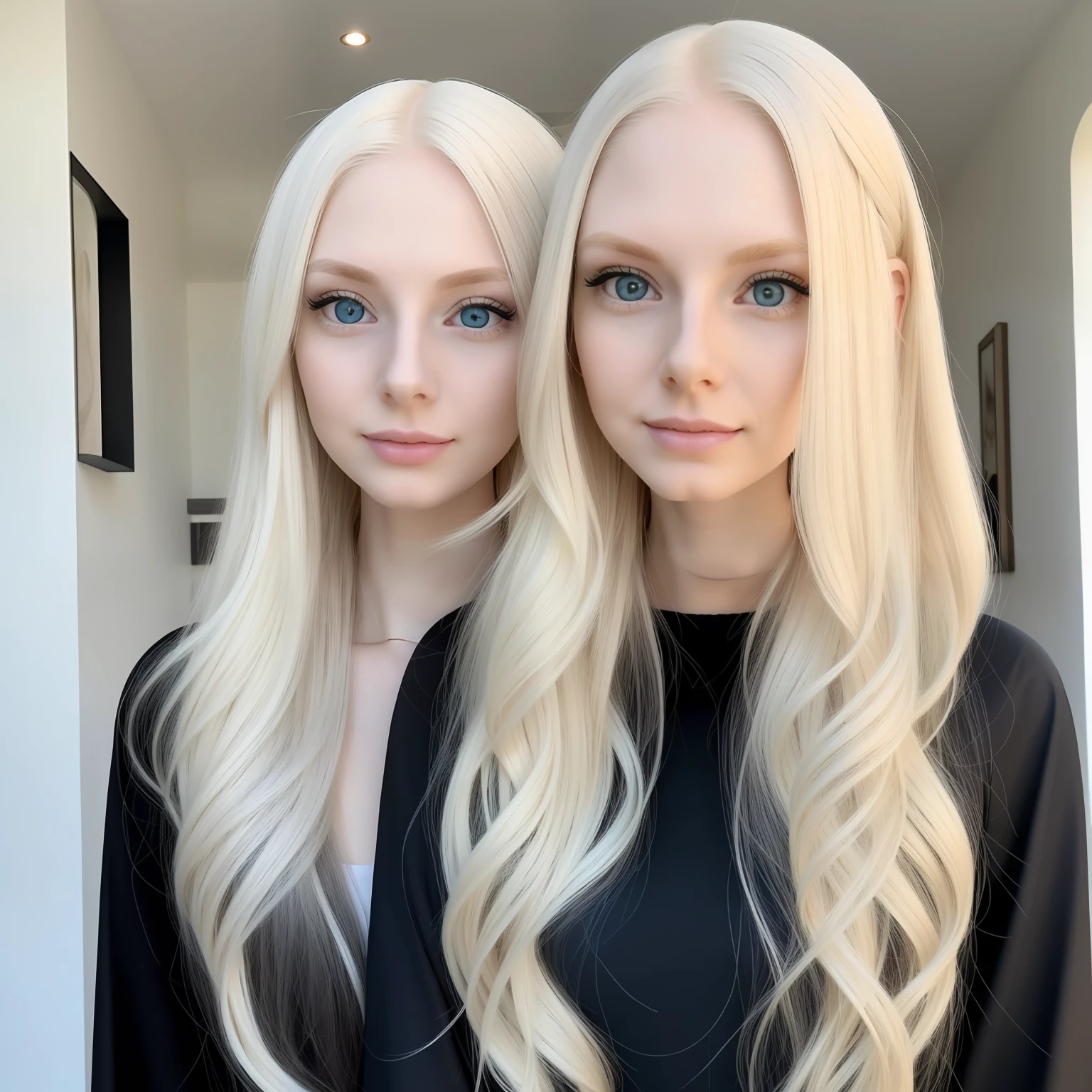 a close up of a person with long blonde hair and blue eyes, standing in Black dress, full body, with white long hair, with long white hair, perfect white haired girl, long blonde hair and large eyes, long blonde hair and blue eyes, long blonde hair and big eyes, amouranth, extremely pale blond hair, albino white pale skin, very very pale blond hair, her hair is white