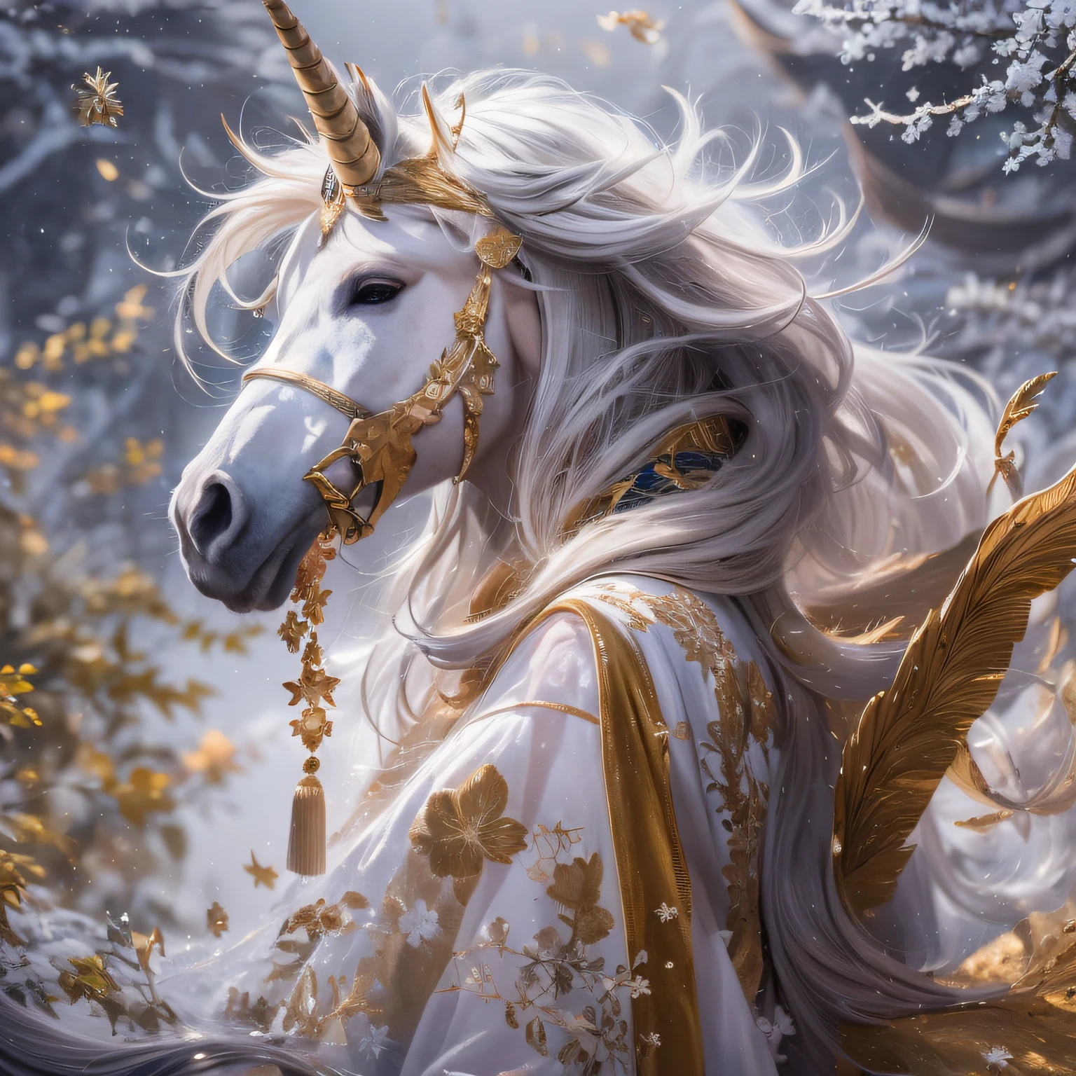 32K(tmasterpiece,k hd,hyper HD,16k)Flowing short hair,Backroom pond,zydink, a color, Asian people (A unicorn), (Silk scarf), Combat posture, looking at viewert, long whitr hair, Floating hair, Hanfu, Chinese clothes, longer sleeves, (abstract ink splash:1.2), white backgrounid,Protector of the horse unicorn beast (realisticlying:1.4),Jujube red horse head,Snowflakes fluttering,The background is pure, A high resolution, the detail, RAW photogr, Sharp Re, Nikon D850 Film Stock Photo by Jefferies Lee 4 Kodak Portra 400 Camera F1.6 shots, Rich colors, ultra-realistic vivid textures, Dramatic lighting, Unreal Engine Art Station Trend, cinestir 800,