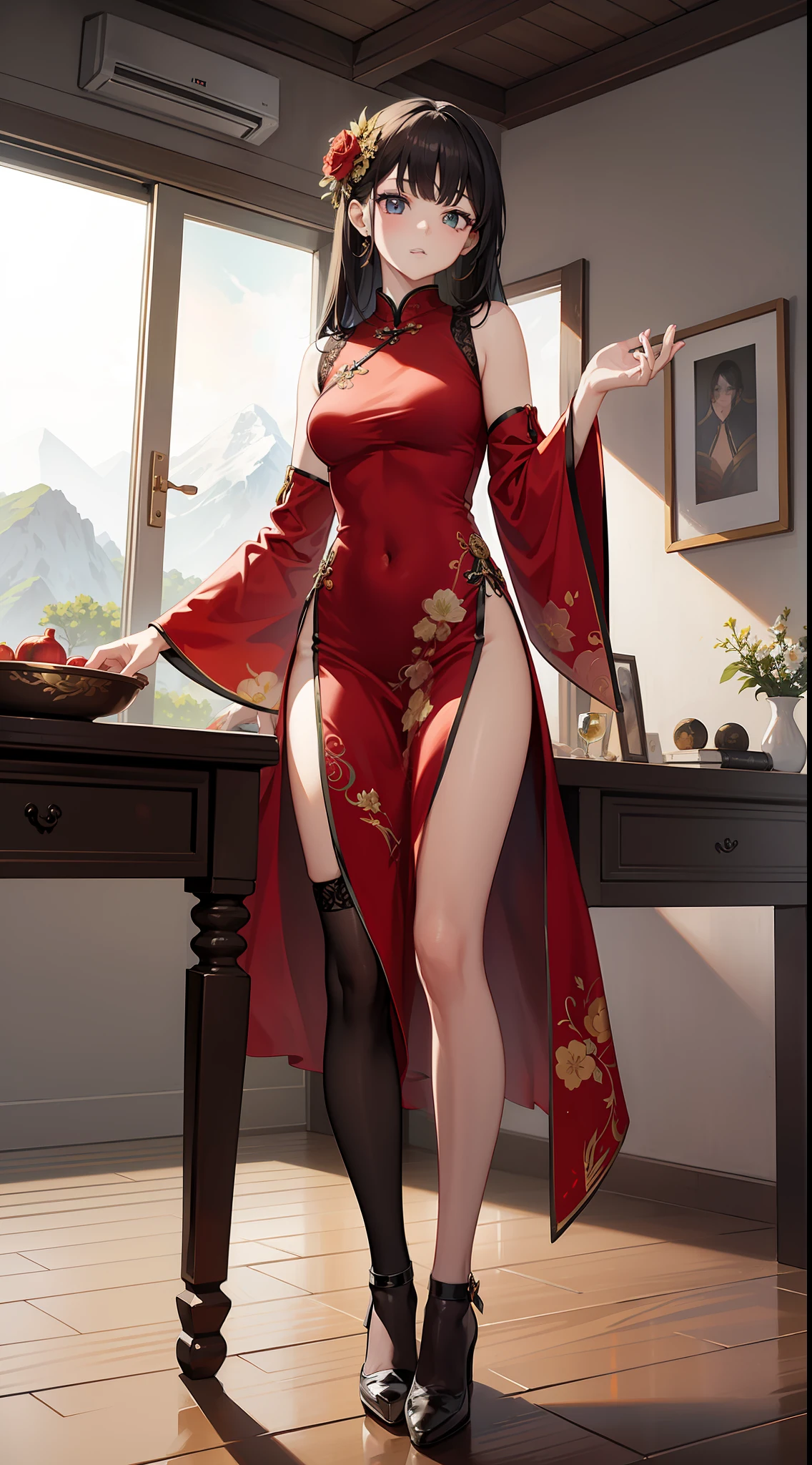（tmasterpiece，top Quority，best qualtiy，offcial art，Beauty and aesthetics：1.2），（1girll），wearing  cheongsam，black lence stockings，standing on top of a mountain，extremedetailed，rich colourful，highest details，offcial art，Unity 8k壁纸，ultra - detailed，tmasterpiece，best qualtiy