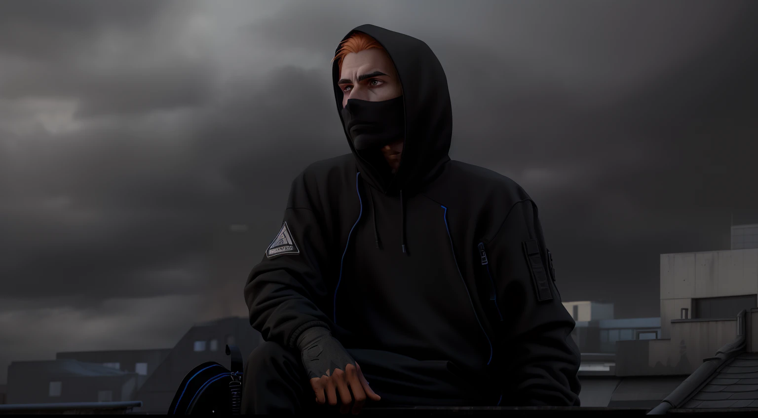 The Alafed man in a black hoodie crouched on the roof carrying a backpack, sitting on rooftop, techwear look and clothes, Standing on the roof, In style Jordan Grimmer, cinematic outfit photo, Standing on the roof, Wearing a black hoodie, style of jordan grimmer, felix englund style, photograph of a techwear woman, wearing urban techwear