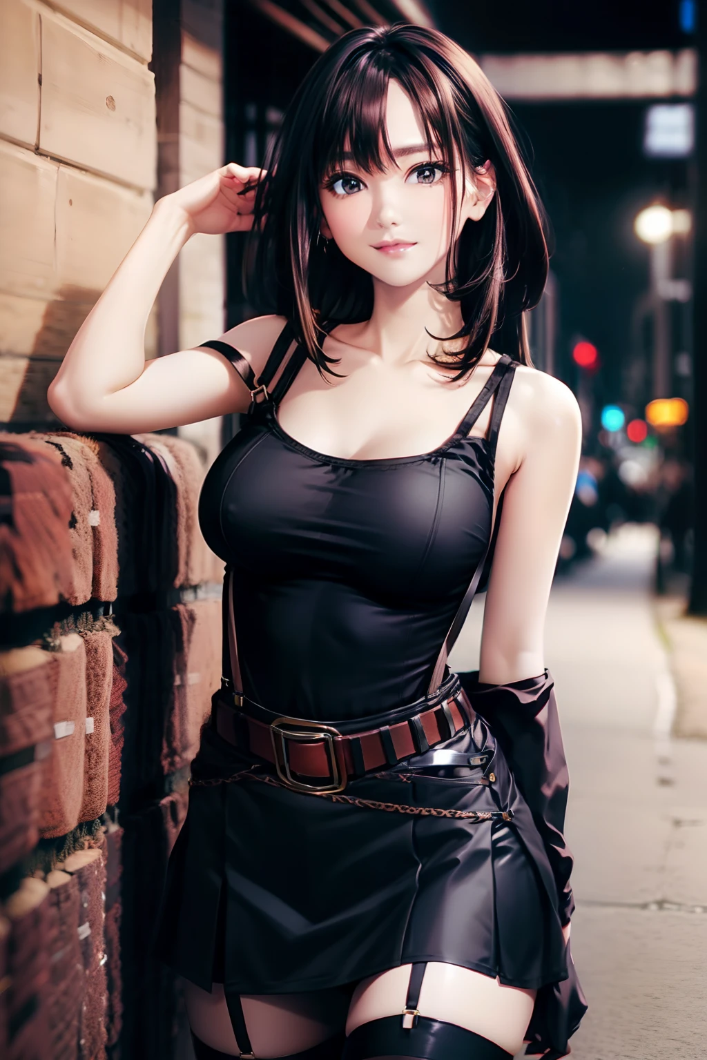 a belt huge tit suspenders garterbelts Black stockings Black tank top a miniskirt Brown hair Gray eyes