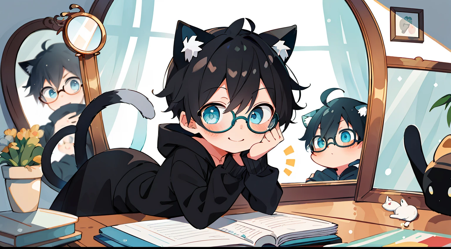 ((masterpiece)),(((best quality))), (high-quality, breathtaking),(expressive eyes, perfect face), 1boy, solo, male, short, young, small boy, short black hair, aquamarine eyes, cat ears,cat tail, smiling, wearing round glasses, blushing, oversize hoodie, black short shorts, stuff animal, cute,stand in front of the mirror