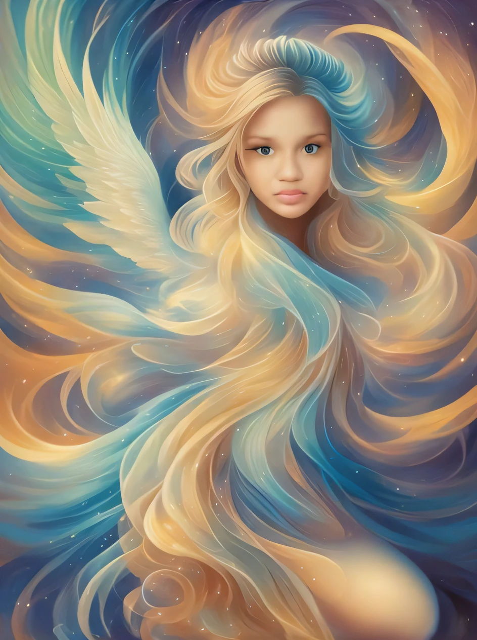 uma pintura de uma mulher com longos cabelos loiros e cabelos azuis e amarelos, beautiful young wind spirit, Ethereal Angelic Being of Light, Retrato de um anjo bonito, de uma menina anjo bonita, ser angelical brilhante, anjo bonito, de anjo lindo, retrato bonito da menina do anjo, angel spirit guide, cheio de pinturas de anjos, angelic face, retrato bonito da arte da fantasia, bela arte digital