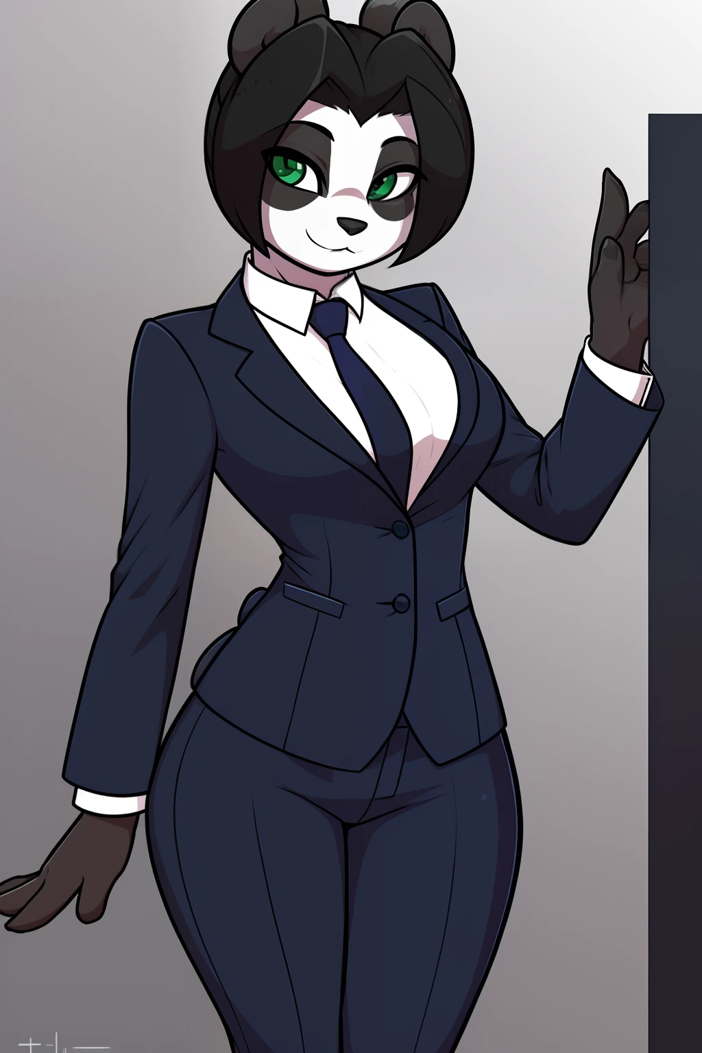 (LiLiStormstout:0.8), green eyes, black and white fur, anthro panda girl, pinup, happy, smile, (business suit, suit, business, formal, profetional:1.3), wide hips, thin waist, athletic, flat stomach, lean, huge breasts, by Pino Daeni, by Ruan Jia, by Shiitakemeshi, by Alayna Lemmer, by Carlo Galli Bibiena