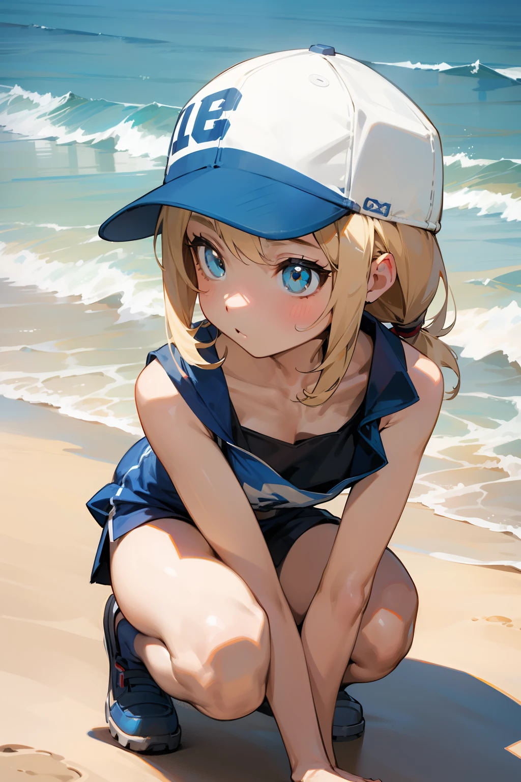 1girl in, American Girl、a blond、The upper part of the body、baseball cap、Tank tops、shortspats、​masterpiece, detailed shadow,ighly detailed, top-quality, hard disk, in 8K, hightquality,Clear face、 Mare、the beach、crouching down