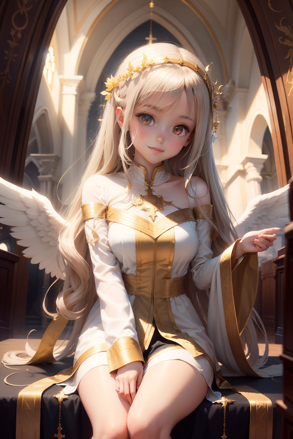 Masterpiece grade, Best quality, Bright eyes, Clear pupils, The divine light flows, and the sun was shining brightly, Interior view of the church, Feminine smile, A big smile, Unique Girl, Focus focus, Angel's charm, Halo effect, Domineering, The technique is ingenious, Yellow eyes bright, Deep skin beauty, Sacred robes, Latin cross.