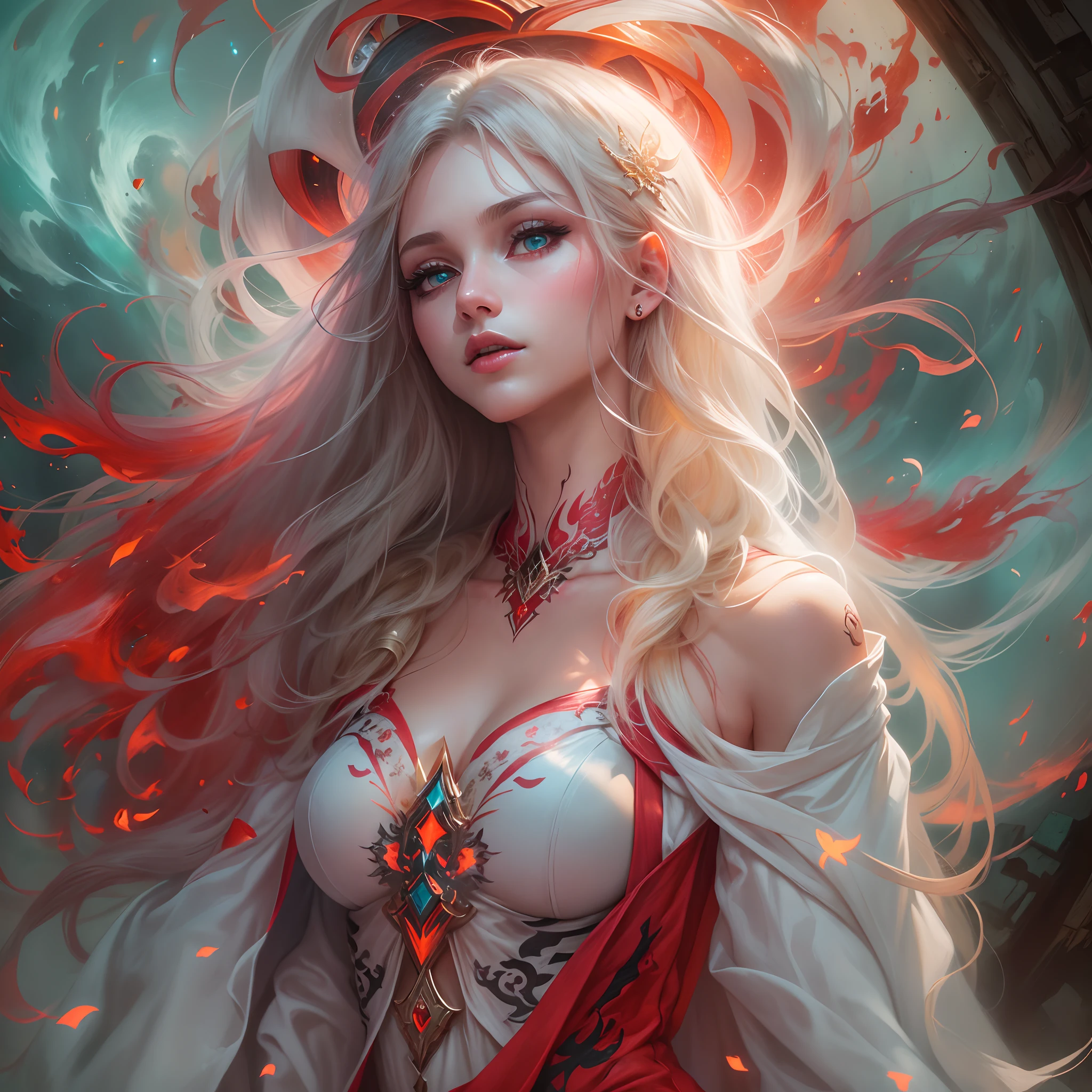 round image,(masterpiece:1.3), (the best quality:1.2), (super fine illustrations:1.2), (Masterpiece), high quality, high detail,(SOLO:1.4),((round image)),[(white background:1.1)::5],[(ruins:1):5],[(game character portrait:1.2):5],1 girl,solo,(((full body))),only five fingers,((white long hair)) ((yellow and (White) ends)),long hair, whole body, look at viewer, ((looking from above)), (bright aqua eyes), lighting, (magic red and black energy wings), godrays, halo, magic rays, energy halo, starry night, moon light, magic symbols, ((fullbody red magic tatoos)), magic pillars, magic aura (hyper detail:1.1), (dramatic light:1.2), (intricate details:1.1), (colourful:1.1), godrays, sexy pose, medium boobs, (rising from hell:1.2), (red flowing robes:1.2), (red and black dress:1.2), (ethereal glow:1.3), (heavenly atmosphere:1.3),