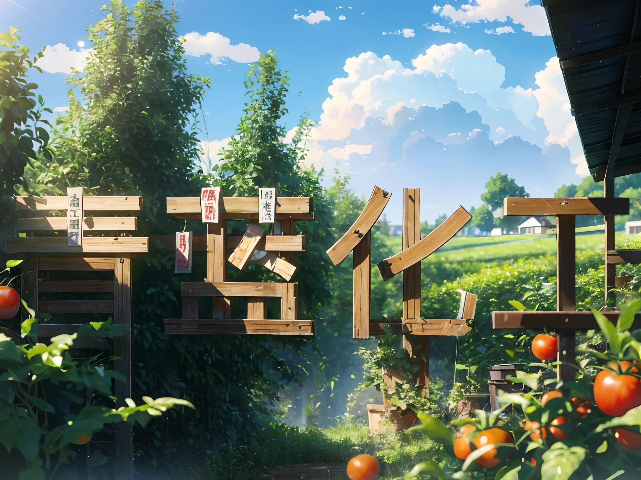 Shinkai Makotokaze, anime big breast, after rainny, moving visuals, Natural glare. White T-shirt and denim shorts, The gentle face of 20 years old harvests a lot of tomatoes in the field, Lovely woman working happily while eating tomatoes,
