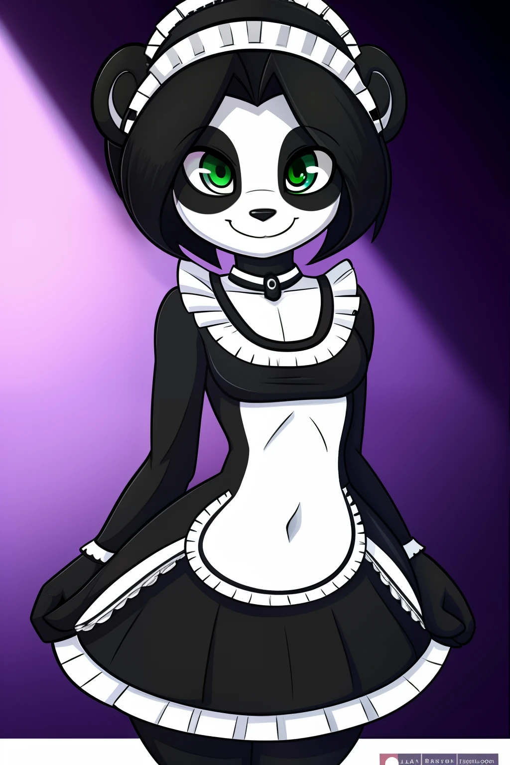 (LiLiStormstout:0.8), green eyes, black and white fur, anthro panda girl, pinup, happy, smile, (french maid:1.3), wide hips, thin waist, athletic, flat stomach, lean, medium breasts, rilex lenov