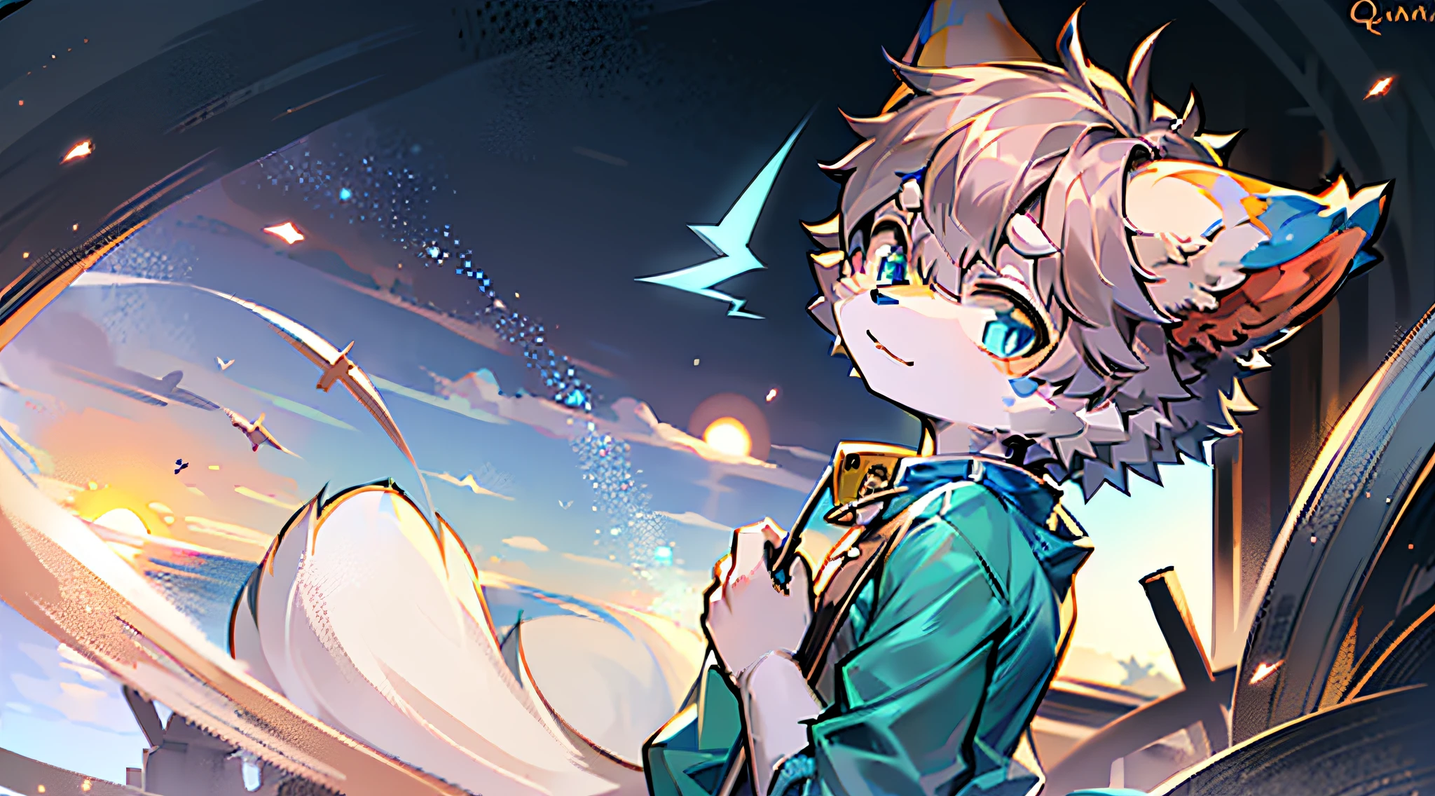 eyes with brightness,Bust photo of the character，Q version， Character focus，独奏, shaggy, Furry male cat, Yellow-white fur for men, blue color eyes, Gray hair(The long）Loli style，Little cute， Will sell moe，Wear blue clothes and pants，has a tail，Back shadow，the setting sun，Stand far away