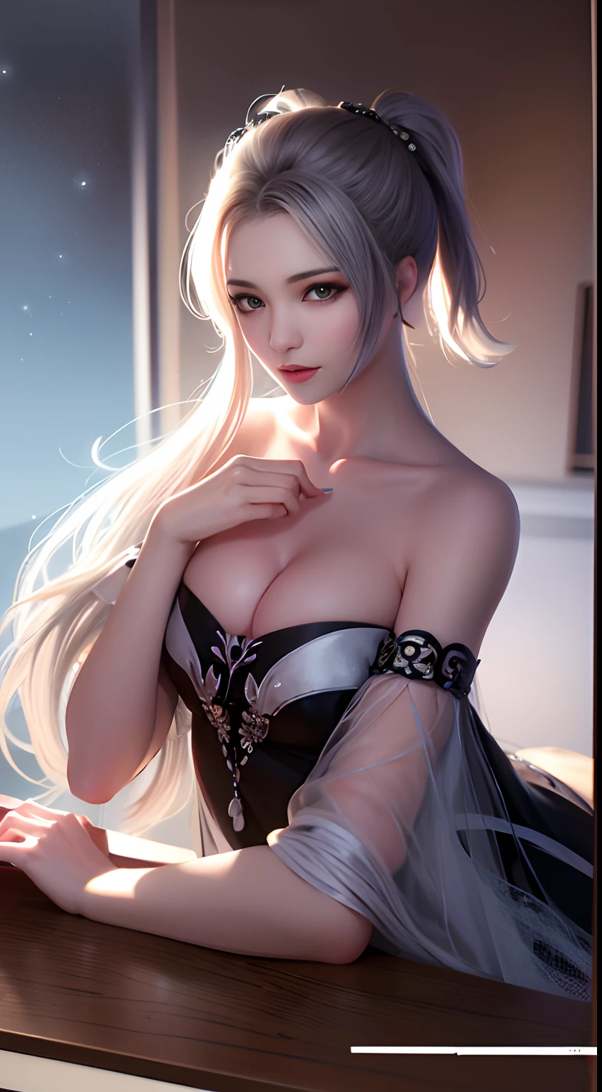 best qualtiy,tmasterpiece:1.4),超高分辨率,realisticlying,Front lighting,Complicated details,Exquisitedetailsandtextures,1girll,独奏,(年轻),Facial highlights,The upper part of the body,Detal Face,tear-mole,white skinned,Black color hair,pony tails,pigtails,looking at viewert,largeeyes,(Openwork pattern,black in color,silkouette),耳Nipple Ring,,slimfigure,Deluxe Room,profesional lighting,photon maping,Radio City,physically-based renderingt,