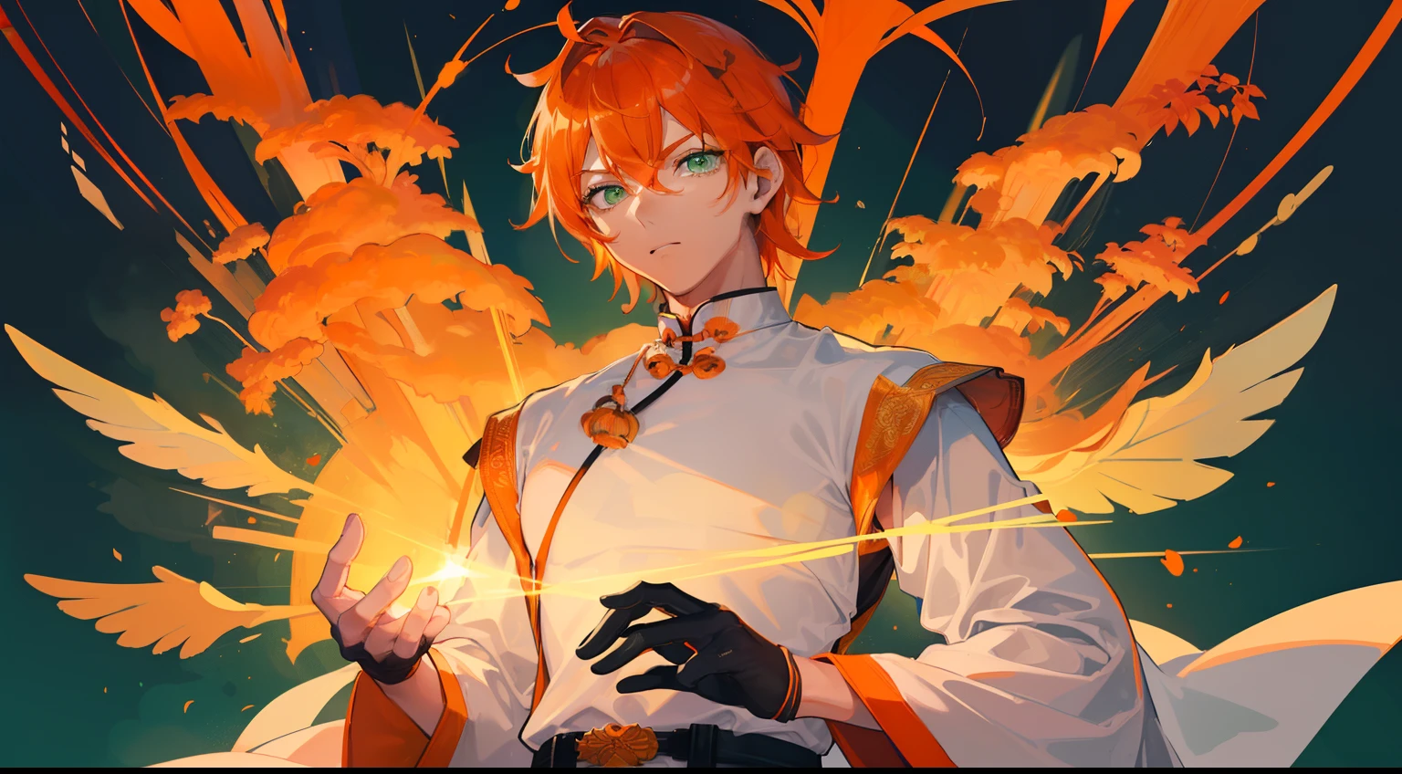 (((Guy))), (((man))), (((Man's))),(((masutepiece))), (((Beautiful lighting))),(((muscular))),(((man))),(((40 years),(((Green eyes))),(((Orange hair))), Male face,male eyebrows, Male Eyes, Eyelashes, Medium Hair,Beautiful face, v shaped_eyebrow,White skin,Transparent wings,Chinese_Clothes,(((Black clothes,)))garters_lanyard, See-through,The light of the Buddha shines, holy,