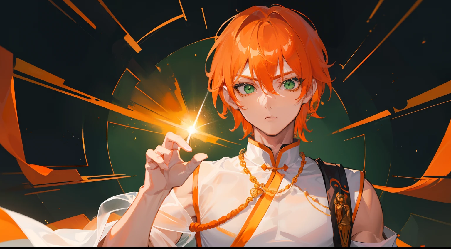 (((Guy))), (((man))), (((Man's))),(((masutepiece))), (((Beautiful lighting))),(((muscular))),(((man))),(((40 years),(((Green eyes))),(((Orange hair))), Male face,male eyebrows, Male Eyes, Eyelashes, Medium Hair,Beautiful face, v shaped_eyebrow,White skin,Transparent wings,Chinese_Clothes,(((Black clothes,)))garters_lanyard, See-through,The light of the Buddha shines, holy,
