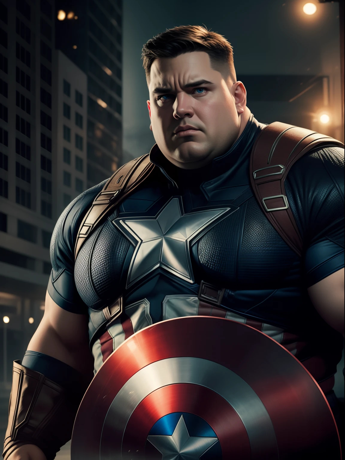 A dramatic overweight DC character captain America, cinematic, extreem realistic, extreem detailed, extreem Sharp, half body shot
