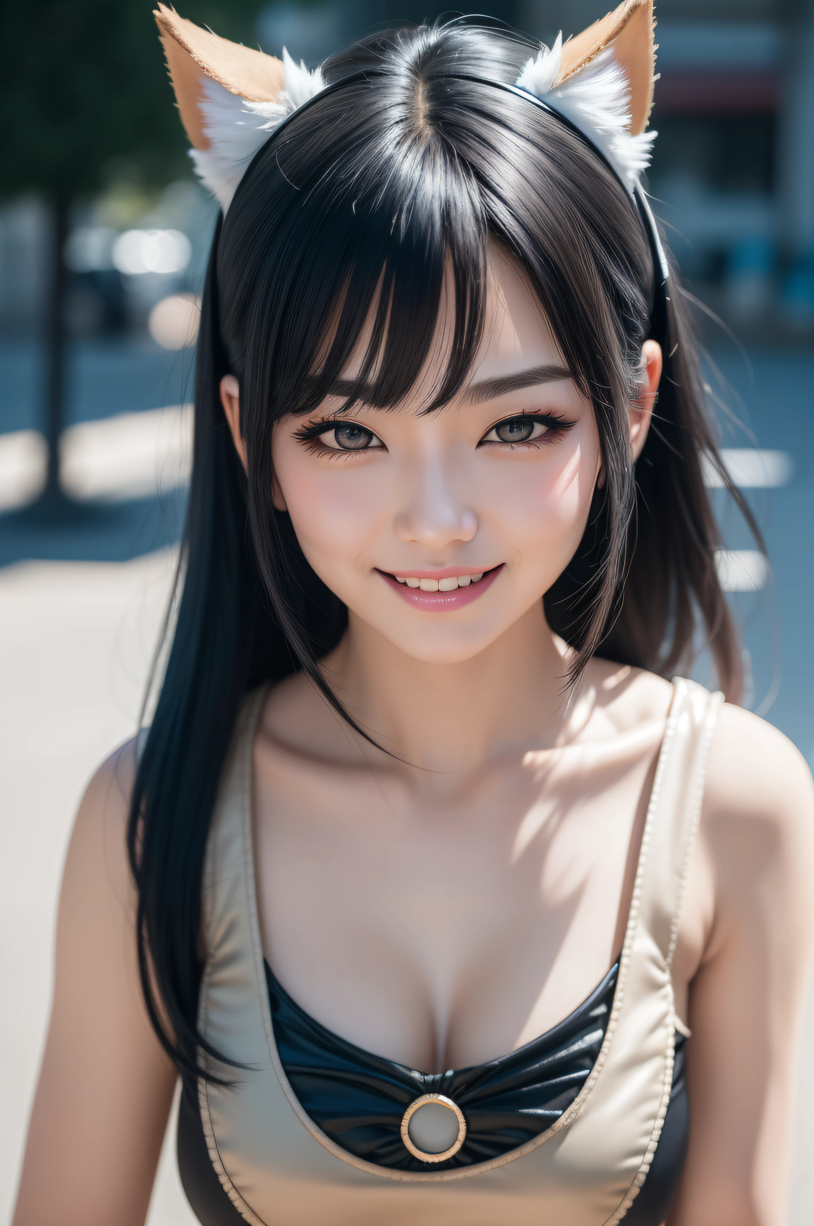 black hair, hair bobbles, wince, longeyelashes, solid circle eyes, fake animal ears, light smile, ear blush, fang, Surrealism, drop shadow, anaglyph, stereogram, tachi-e, pov, atmospheric perspective, 8k, super detail, ccurate, best quality