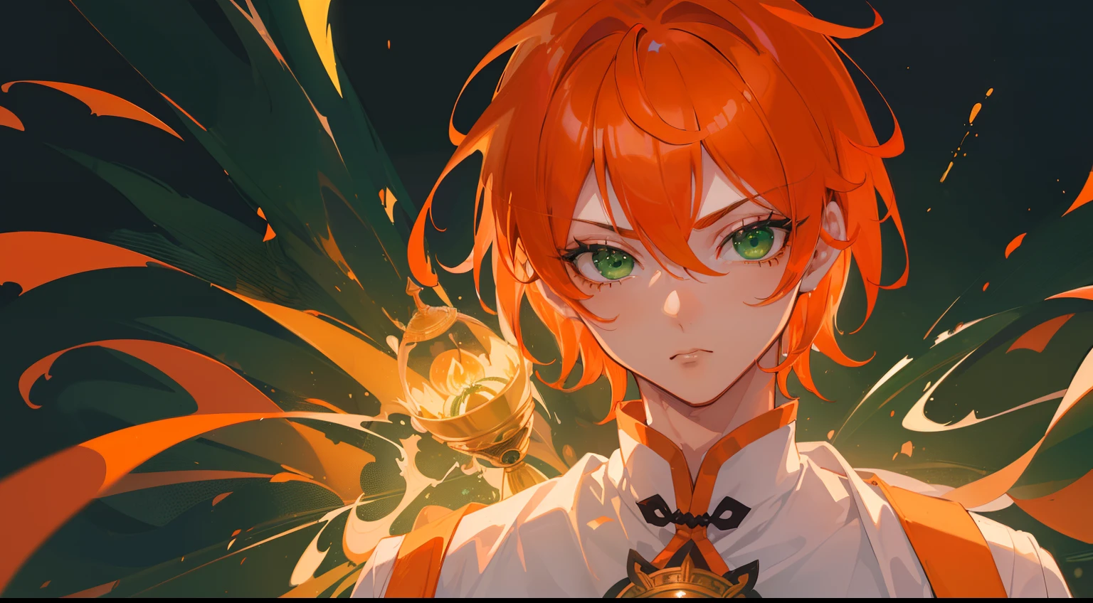 (((Guy))), (((man))), (((Man's))),(((masutepiece))), (((Beautiful lighting))),(((muscular))),(((man))),(((40 years),(((Green eyes))),(((Orange hair))), Male face,male eyebrows, Male Eyes, Eyelashes, Medium Hair,Beautiful face, v shaped_eyebrow,White skin,Transparent wings,Chinese_Clothes,(((Black clothes,)))garters_lanyard, See-through,The light of the Buddha shines, holy,