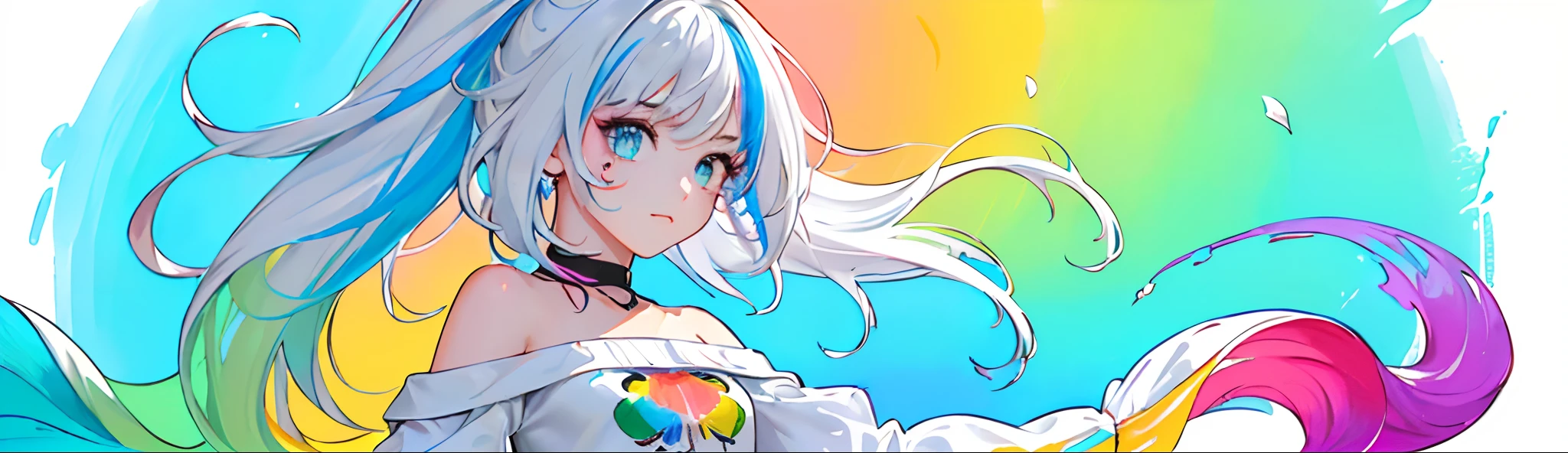 (Pink Fashion T-shirt:1.9),(Colorful hair: 1.8), (all the colours of the rainbow: 1.8),(((((vertical painting:1.6))), (painting:1.6),front, comics, illustrations, paintings, large eyes, crystal clear eyes,( rainbow color gradient high ponytail:1.7), exquisite makeup, closed mouth,(Small Fresh: 1.5),(Wipe Chest: 1.6) ,long eyelashes, white off shoulder T-shirt, White Shoulder Shirt,looking at the audience, large watery eyes, (rainbow colored hair:1.6), color splash, (solo:1.8), color splash, color explosion, thick paint style, messy lines, ((shining)),(colorful), (colorful), (colorful), colorful, Thick Paint Style, (Splash) (Color Splash), Vertical Painting, Upper Body, Paint Splash, Acrylic Pigment, Gradient, Paint, Highest Image Quality, Highest Quality, Masterpiece, Solo, Depth of Field, Face Paint, colorful clothes, (Elegant: 1.2), gorgeous,long hair, wind, (Elegant: 1.3), (Petals: 1.4),(((masterpiece))),(((best quality))),((ultra-detailed)),(illustration),(dynamic angle),((floating)),(paint),((disheveled hair)),(solo),(1girl) , (((detailed anima face))),((beautiful detailed face)),collar,bare shoulders,white hair, ((colorful hair)),((streaked hair)),beautiful detailed eyes,(Gradient color eyes),(((colorful eyes))),(((colorful background))),(((high saturation))),(((surrounded by colorful splashes))),
