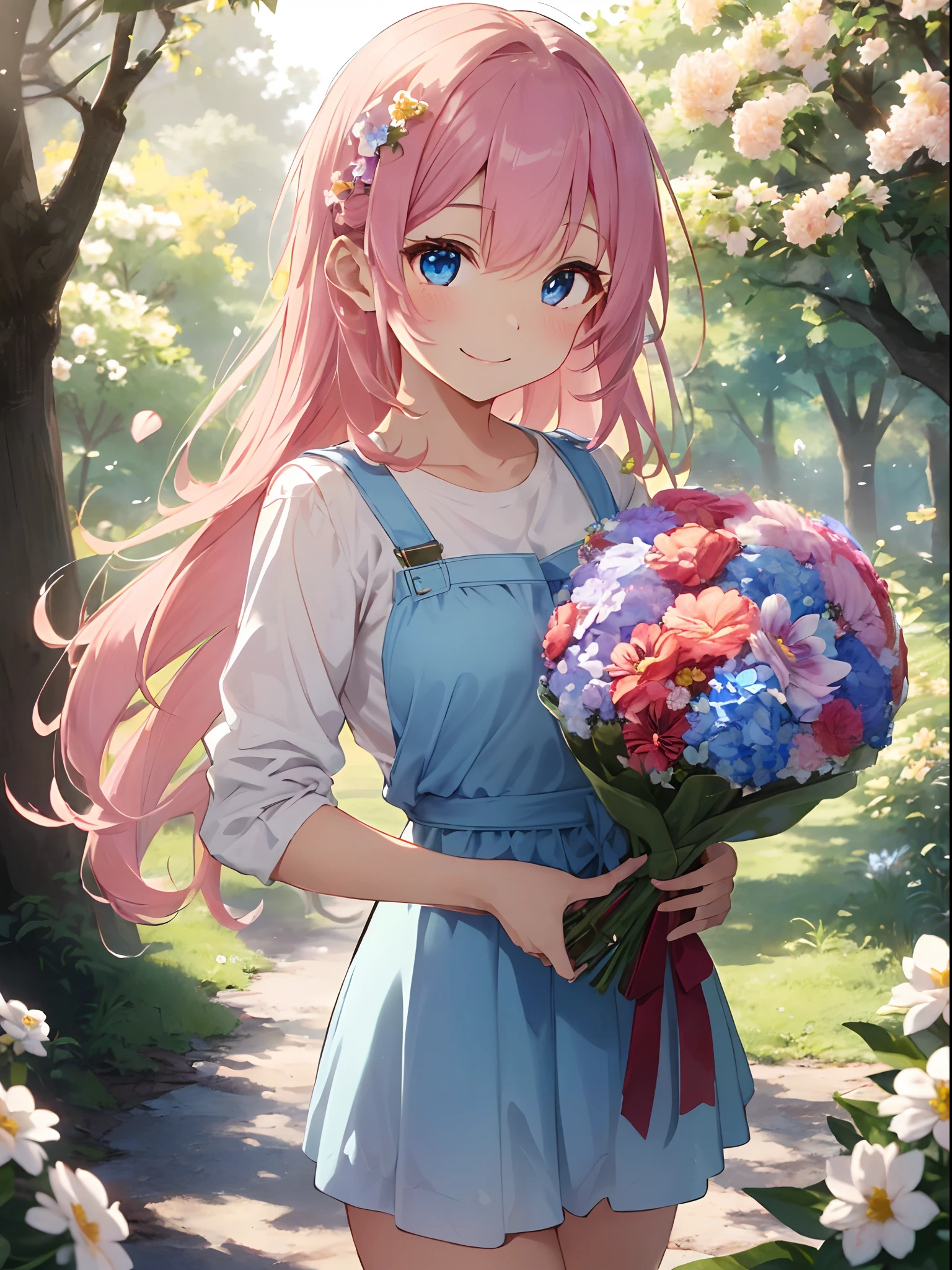 ((​masterpiece))、((top-quality)、(Super Detail)、8K、Delicate depictions are filmed in anime style。 (Very long hair、Pink hair and bright blue eyes、）、Twin-tailed、Her blue eyes are highlighted。 The overall tone is brighter、(holding a huge bouquet of flowers in both hands:1.2)、Bright red summer dress,frilld、 directly in front、 A smile, Burikko, (sheet of spray:1.1), ((the woods))、((Fantastic.))