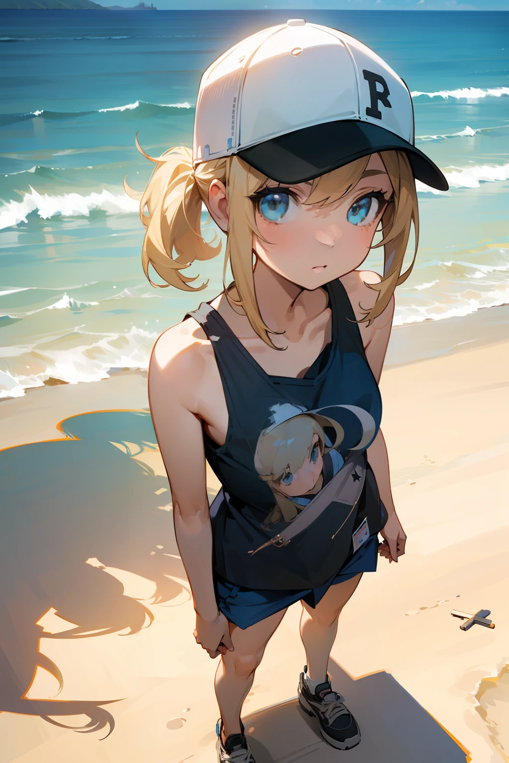 1girl in, American Girl、a blond、The upper part of the body、baseball cap、Tank tops、shortspats、masterpiece, detailed shadow,ighly detailed, top-quality, hard disk, in 8K, hightquality,Clear face、 Mare、the beach