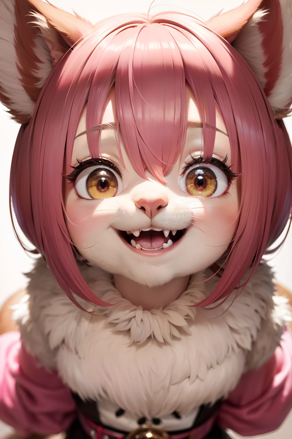 best quality, tmasterpiece, A squirrel，open mouth and laugh，Pink fur，shaggy，adolable， head looking up, first person perspective，Close-up Shot Shot