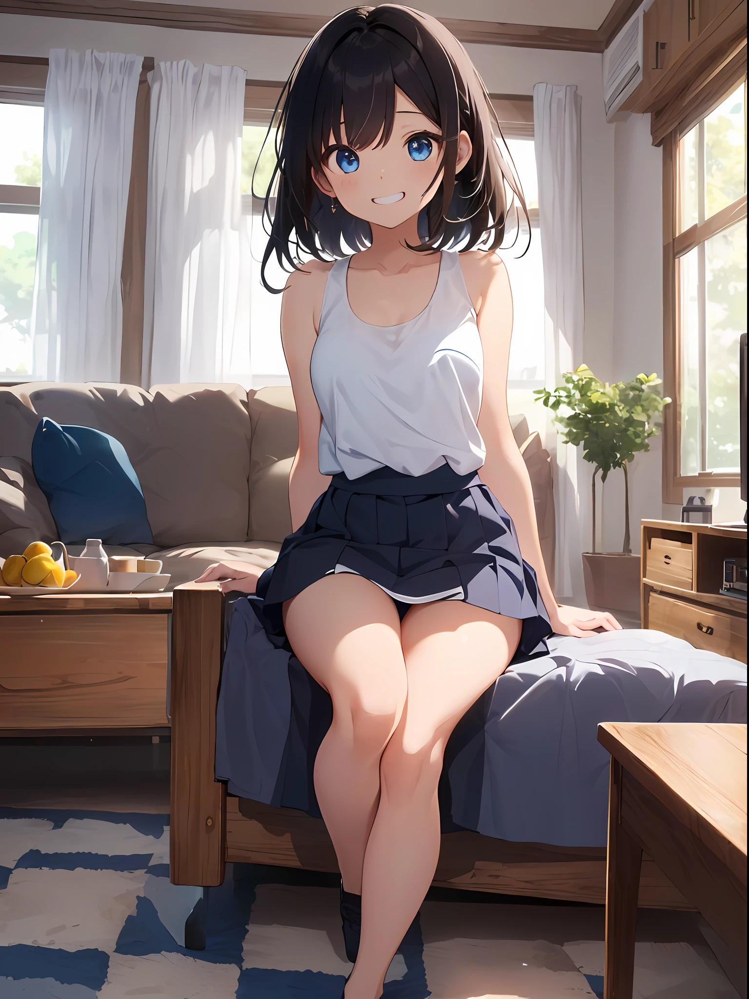 ((masterpiece))、((top-quality)、(Super Detail)、8K、Delicate depictions are filmed in anime style。full body Esbian、
(Very long hair、A dark-haired、Bright blue eyes、)、Side tail、Her blue eyes are highlighted。
The overall tone is brighter、nap、White tank top、、a miniskirt, Swaying skirt、thighs thighs thighs thighs、Panties that are only slightly visible、Spiteful smile, 、Living room floor