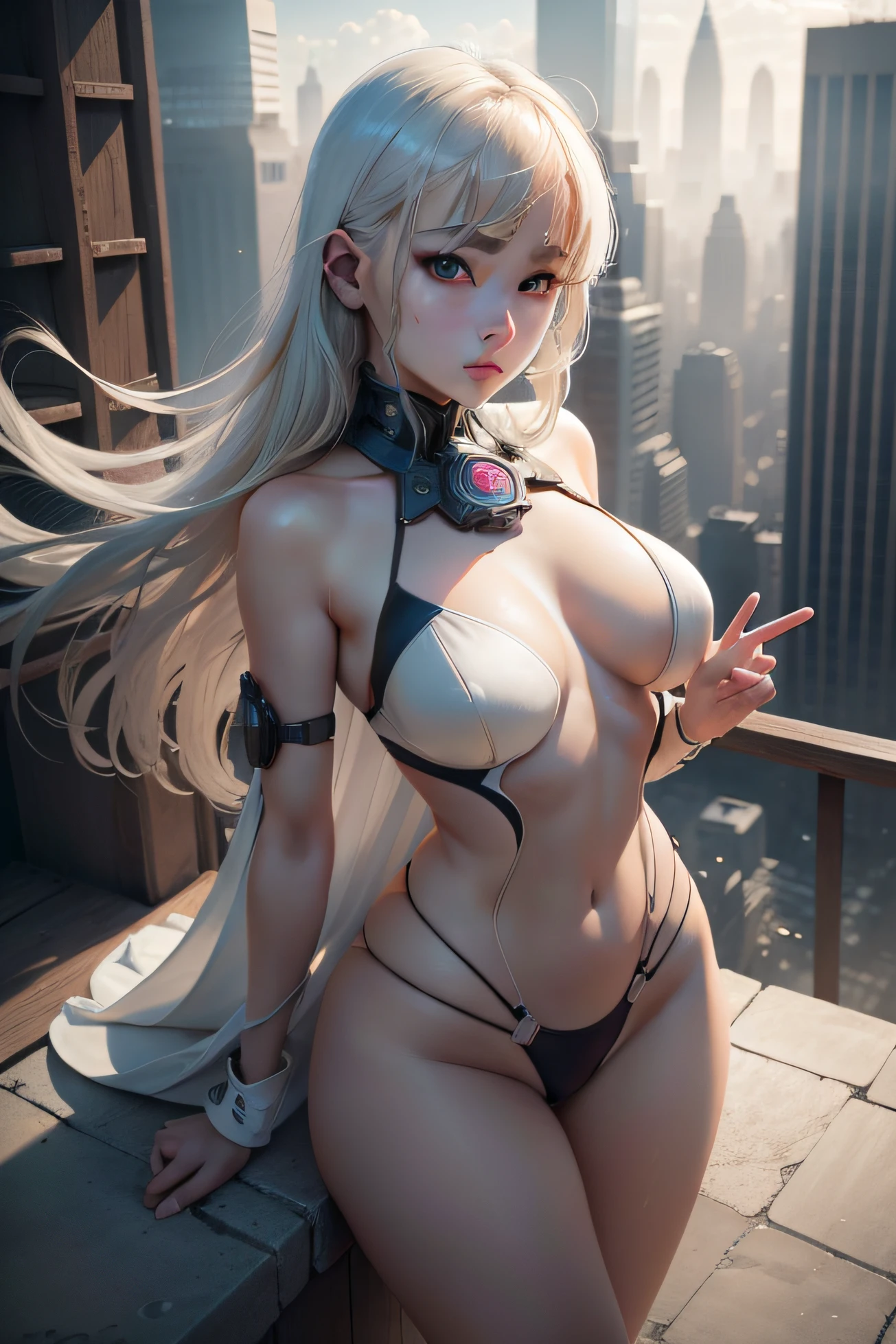 (1girl:1.3), 独奏, (((very vey very detailed face))),((very detailed eyes and faces))),beatiful detailed eyes,Body parts__,offcial art,Unified 8k wallpaper,ultra-detailliert,Beautiful and beautiful,big breasts beautiful,tmasterpiece,best qualtiy,primitive,tmasterpiece,ultra fine photos,best qualtiy,超高分辨率,photorealistic realism,rays of sunshine,full-body portraits,stunningly beautiful,,dynamicposes,delicated face,vibrant eyes,(from the front side), She doesn't hang on at all,standing on top of the building,looking over city,详细的脸,detailed complex busy background,untidy,opulent,milkyW,highly detailedskin,Realistic details of skin,Visible pores,Clear focus,volume fog,8k uhd,digital SLR camera,high qulity,filmgrain,White skin of the,photo-realism,lomography,A huge metropolis of the dystopia of the future, semi transparent