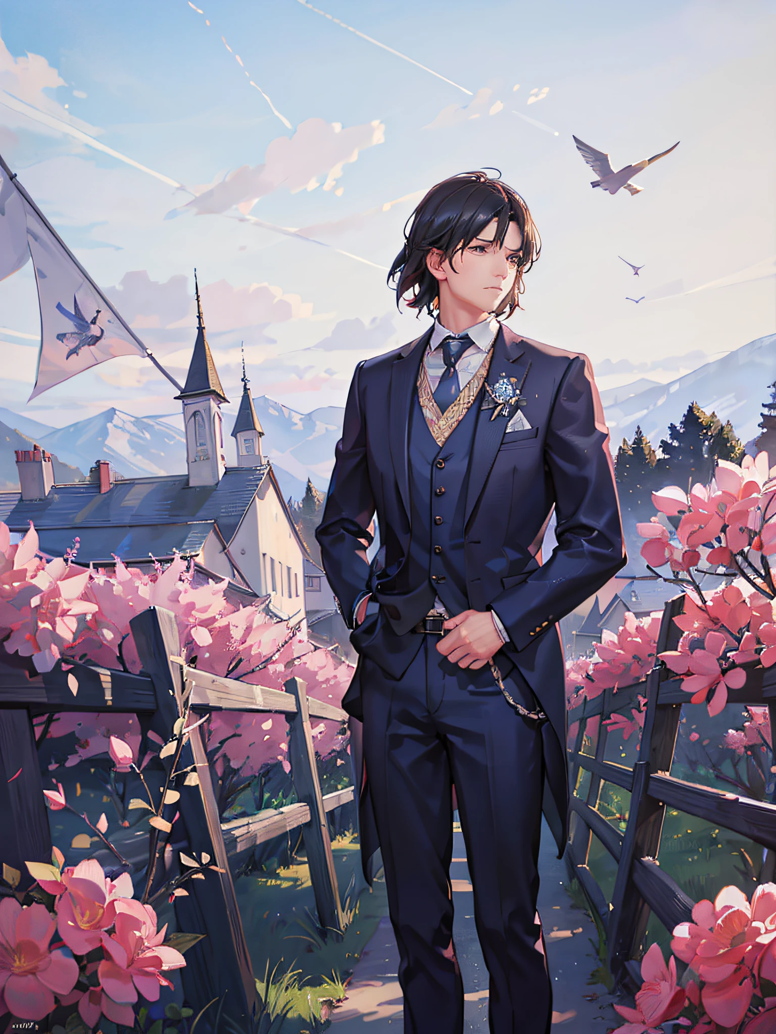 (Best quality), (masterpiece:1.3), (photorealistic:1.36), (realistic), ultra-detailed, detailed background, depth of field, a man standing in a field of a few dead sheep, looking at a small schoolhouse in the distance, under a blue sky with flax flowers. The schoolhouse is the focal point of the image, and there is a contrast between its bright color and the dullness of the field.