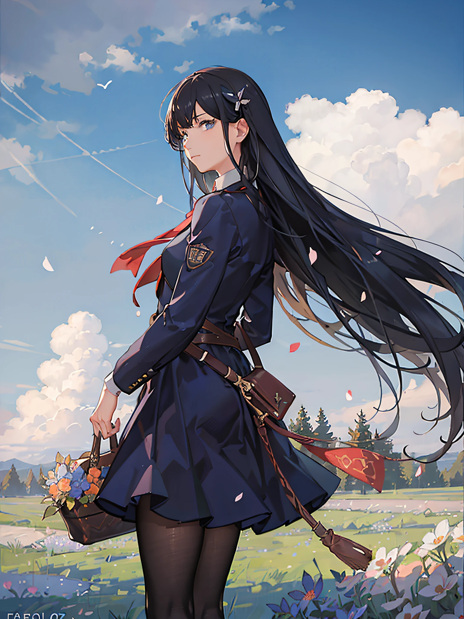 (Best quality), (masterpiece:1.3), (photorealistic:1.36), (realistic), ultra-detailed, detailed background, depth of field, a man standing in a field of a few dead sheep, looking at a small schoolhouse in the distance, under a blue sky with flax flowers. The schoolhouse is the focal point of the image, and there is a contrast between its bright color and the dullness of the field.