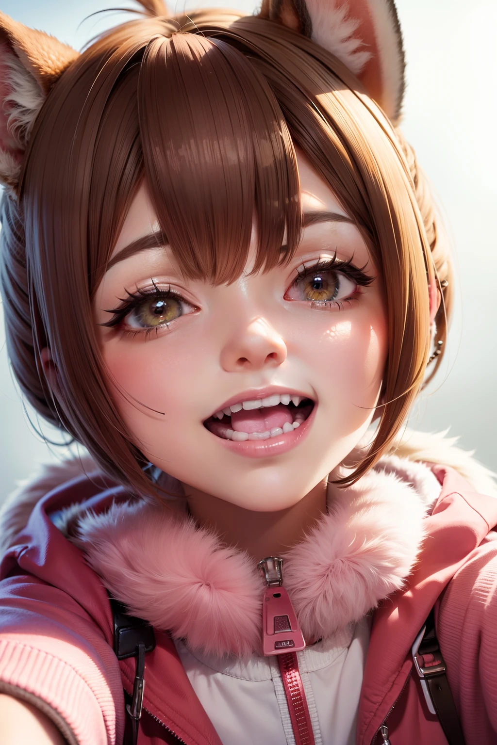 best quality, tmasterpiece, A squirrel，open mouth and laugh，Pink fur，shaggy，adolable， head looking up, first person perspective，Close-up Shot Shot