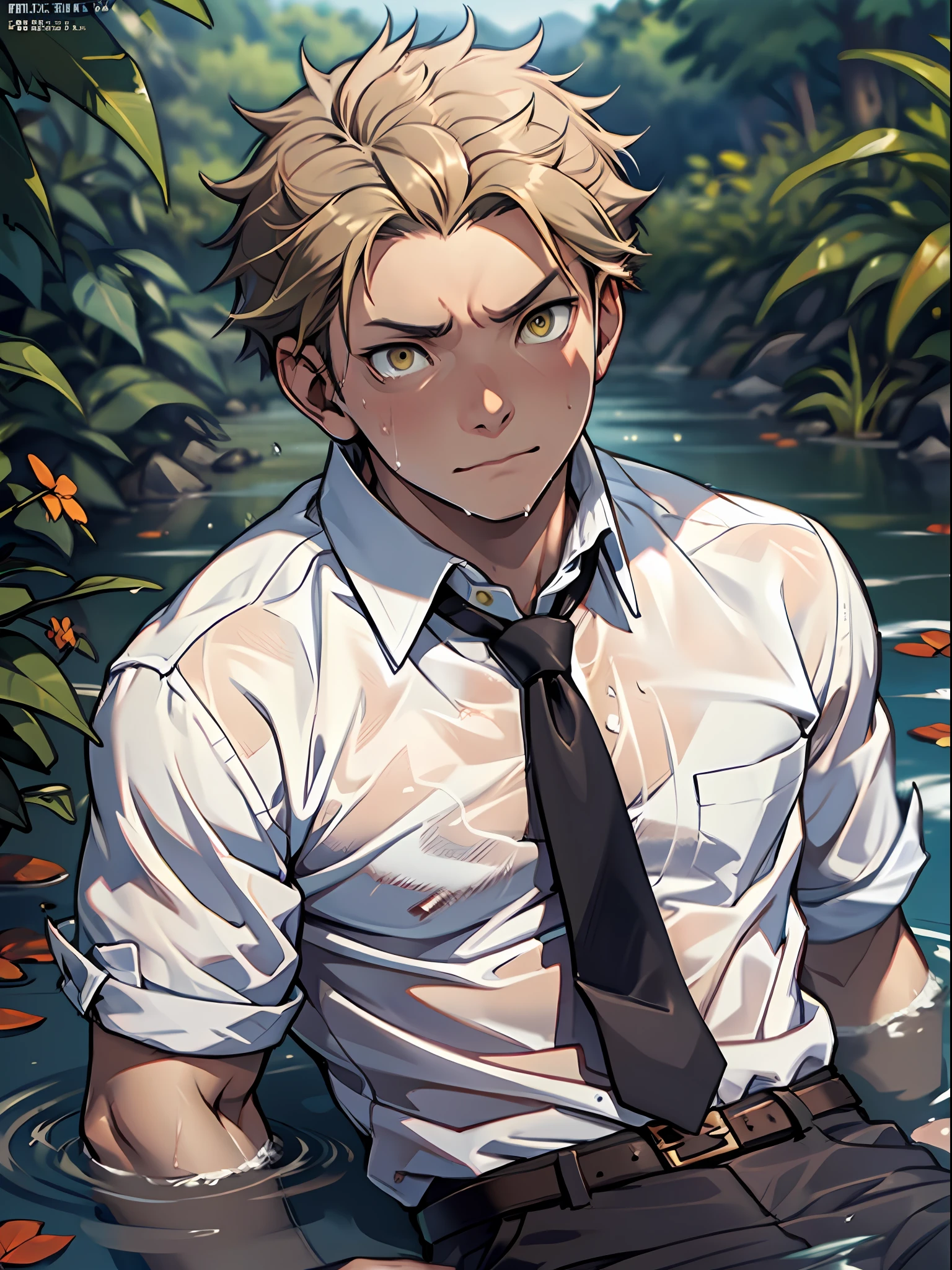 (1 Adult male),A high resolution, Sharp focus, Pixiv masterpiece, ((Complicated details)), highly detailed, natsuki_subaru, 1 man, Lazy,full bodyesbian,Lying in the mud,Tired,decadent, Yellow eyes(eyes glowing), Short yellow hair,white shirt,Wear a tie,Wear a belt,perspire,Drenched,Get wet,look from down