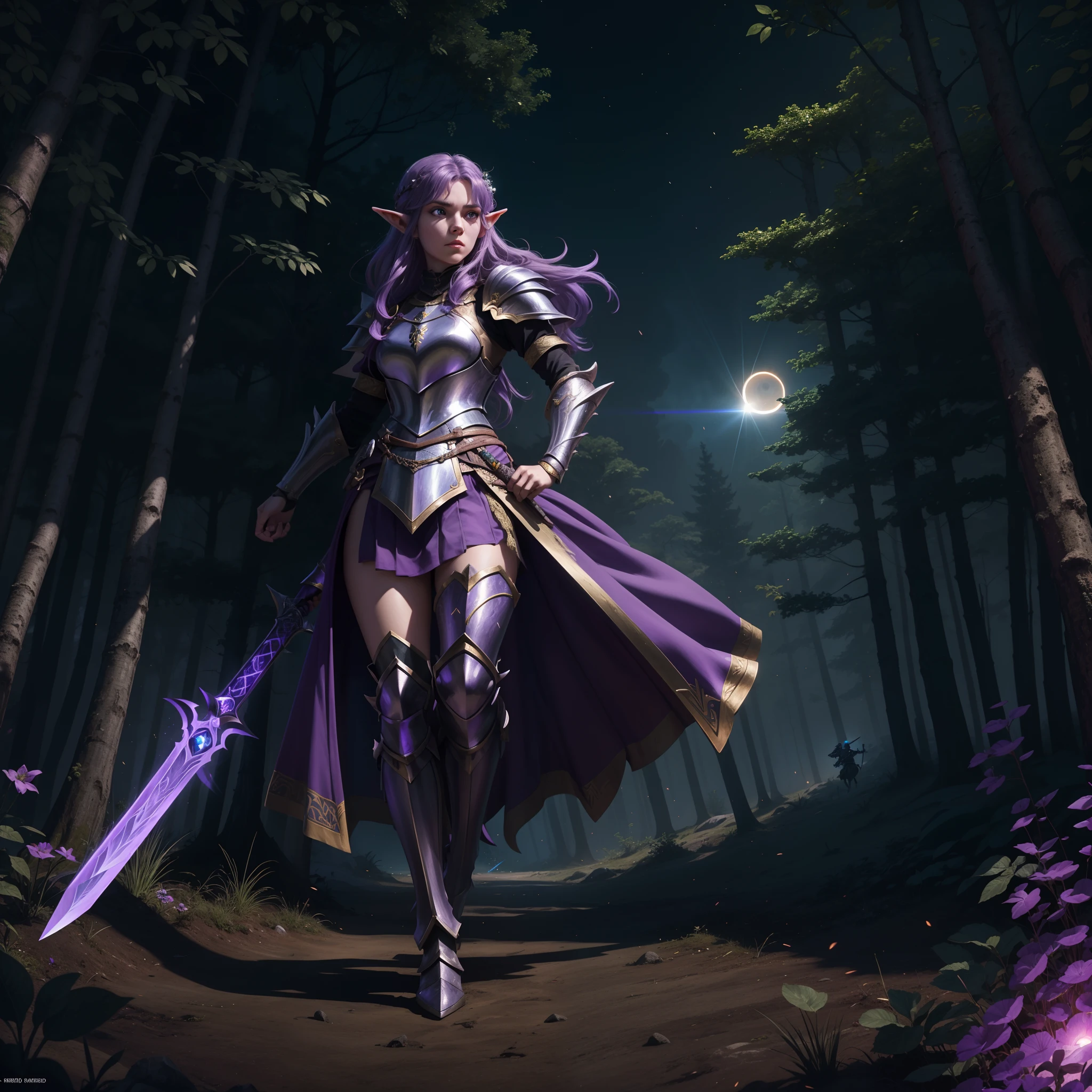 "1 female elf knight with regal purple hair, adorned in majestic armor, wielding a sword that radiates an ethereal glow, poised with determination to face off against a menacing black dragon, in a boreal forest during an eclipse, vivid illumination, 2d anime, fantasy, d&d style."