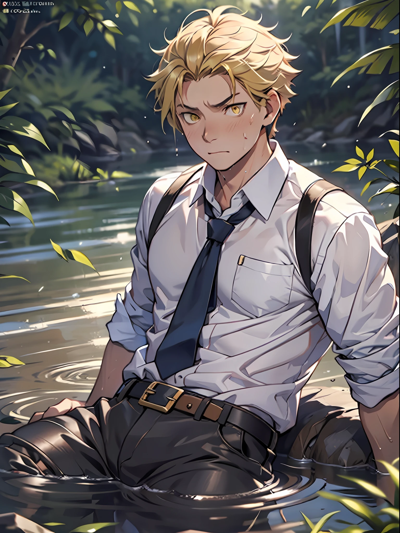 (1 Adult male),A high resolution, Sharp focus, Pixiv masterpiece, ((Complicated details)), highly detailed, natsuki_subaru, 1 man, Lazy,full bodyesbian,Lying in the mud,Tired,decadent, Yellow eyes(eyes glowing), Short yellow hair,white shirt,Wear a tie,Wear a belt,perspire,Drenched,Get wet,look from down