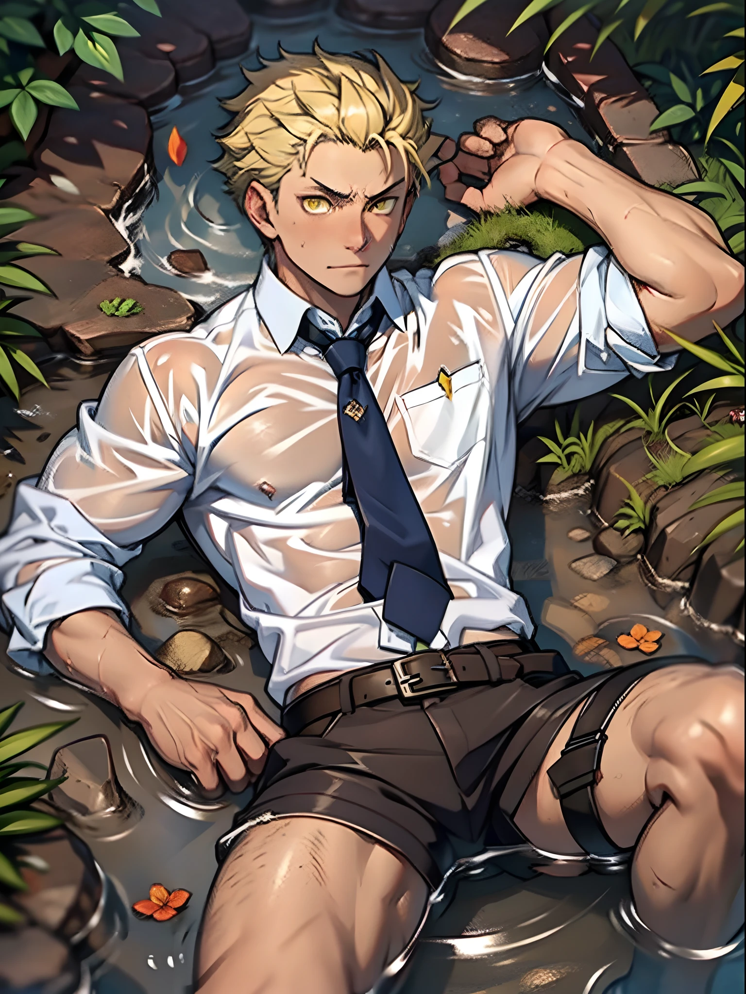 （1 Adult male），A high resolution， Sharp focus， Pixiv masterpiece， （（Complicated details））， highly  detailed， natsuki_subaru， 1 man， Lazy，full bodyesbian，Lying in the mud，Tired，decadent， Yellow eyes（eyes glowing）， Short yellow hair，white  shirt，Wear a tie，Wear a belt，perspire，Drenched，Get wet，look from down