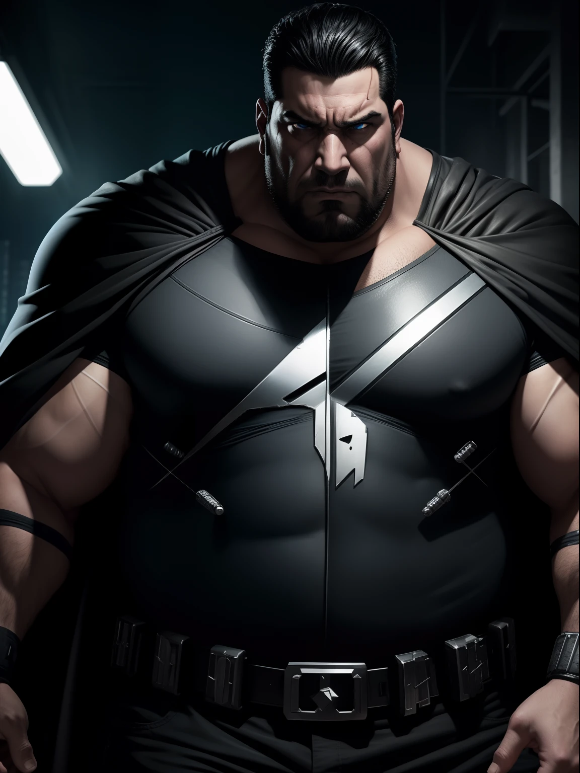 A dramatic overweight DC character punisher, cinematic, extreem realistic, extreem detailed, extreem Sharp, half body shot