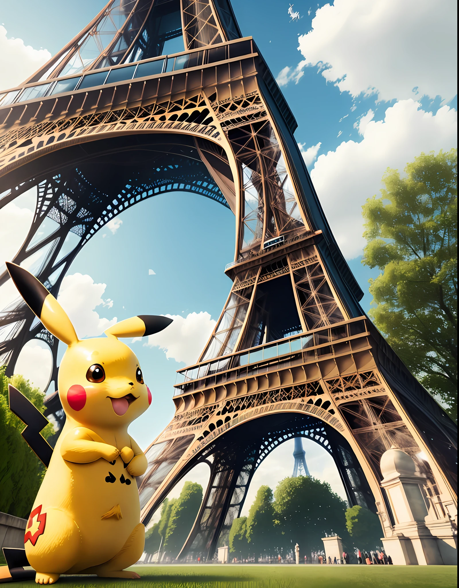 A yellow Pikachu stands on the green Eiffel Tower